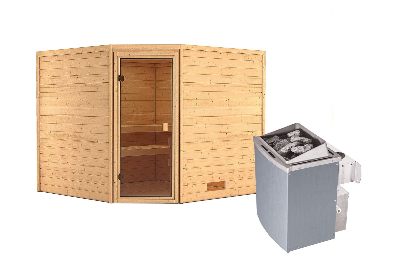 KARIBU Sauna Leona, Fichtenholz 38 mm, Eckeinstieg, ca. 5m²