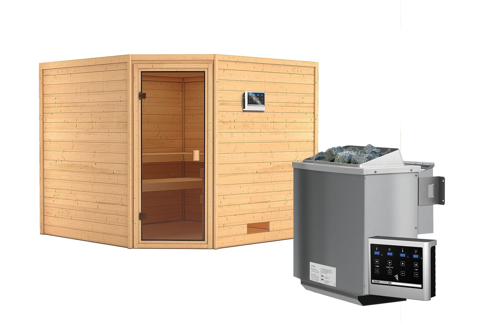 KARIBU Sauna Leona, Fichtenholz 38 mm, Eckeinstieg, ca. 5m²