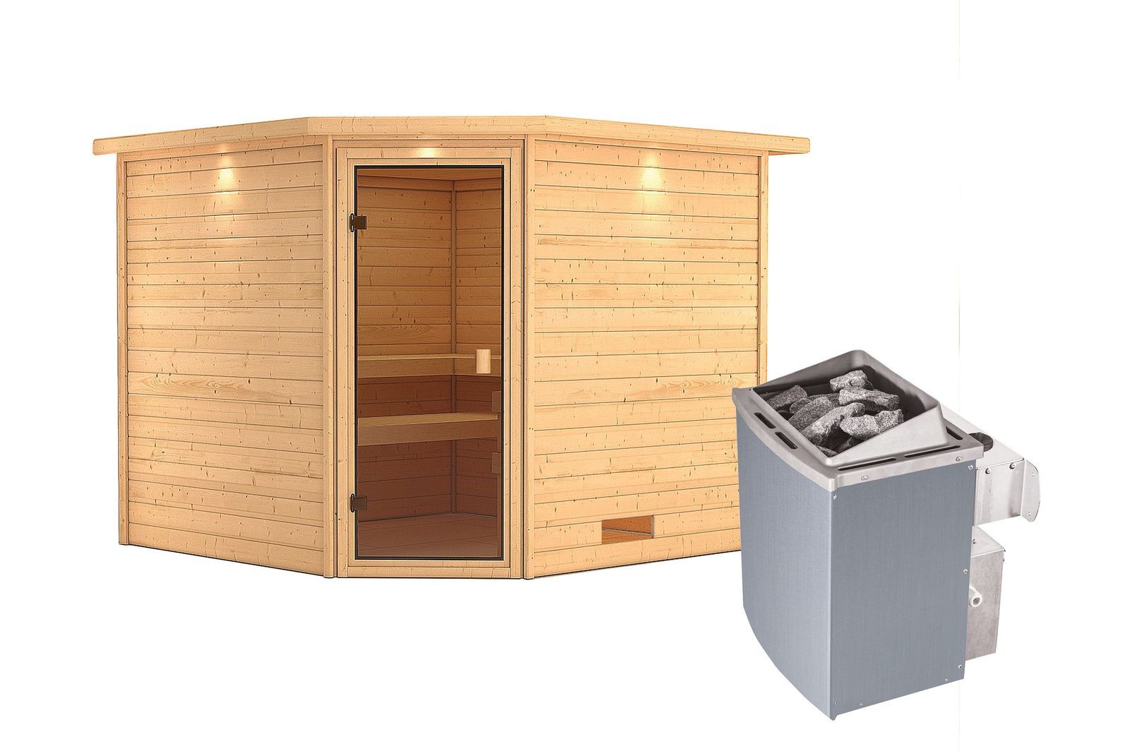 KARIBU Sauna Leona, Fichtenholz 38 mm, Eckeinstieg, ca. 5m²