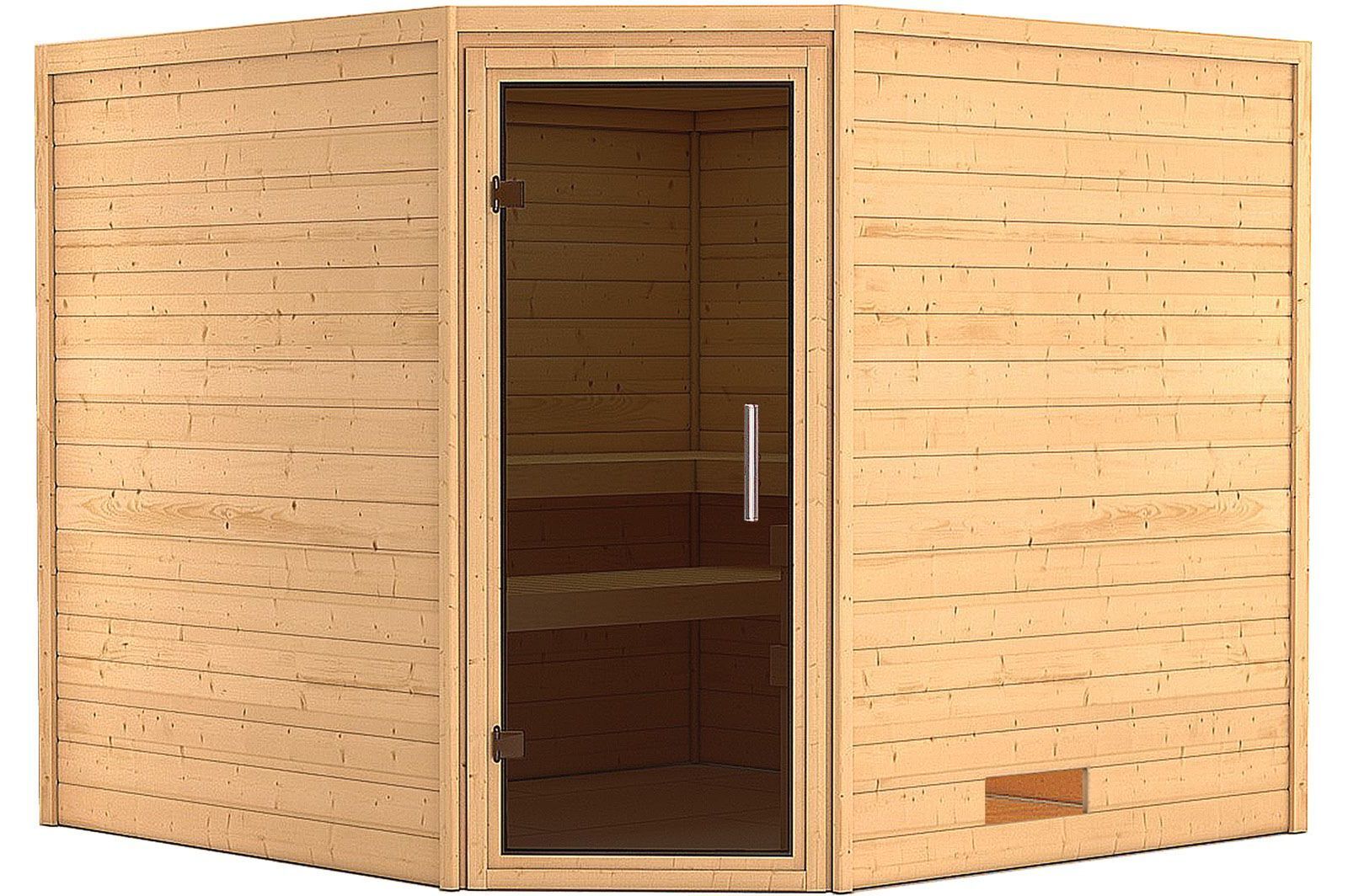 KARIBU Sauna Leona, Fichtenholz 38 mm, Eckeinstieg, ca. 5m²