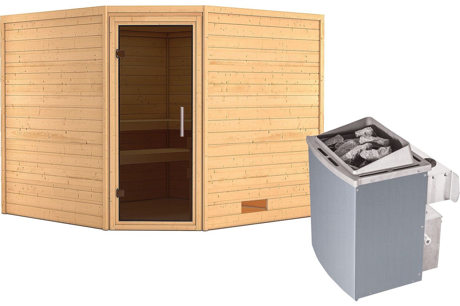 KARIBU Sauna Leona, Fichtenholz 38 mm, Eckeinstieg, ca. 5m²