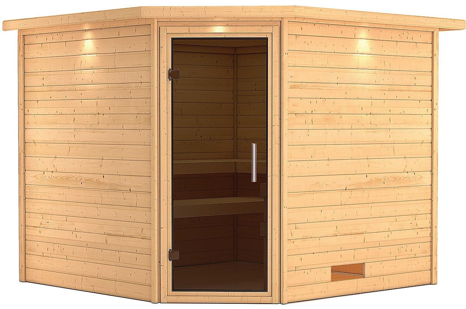 KARIBU Sauna Leona, Fichtenholz 38 mm, Eckeinstieg, ca. 5m²