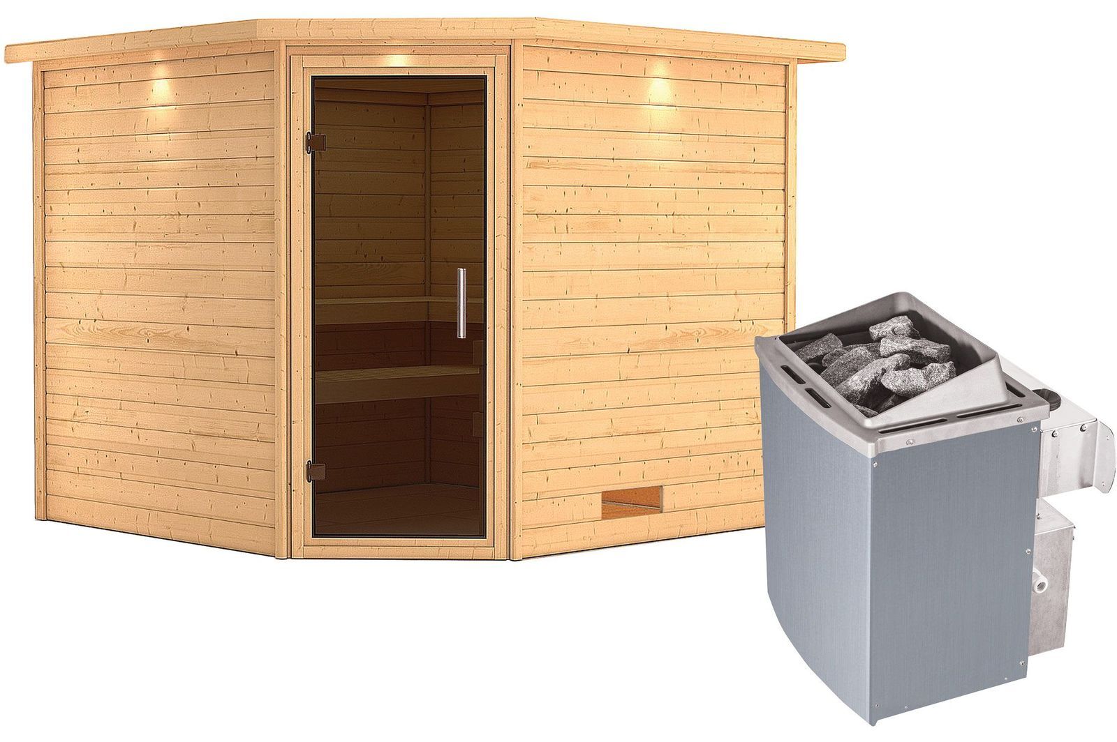 KARIBU Sauna Leona, Fichtenholz 38 mm, Eckeinstieg, ca. 5m²