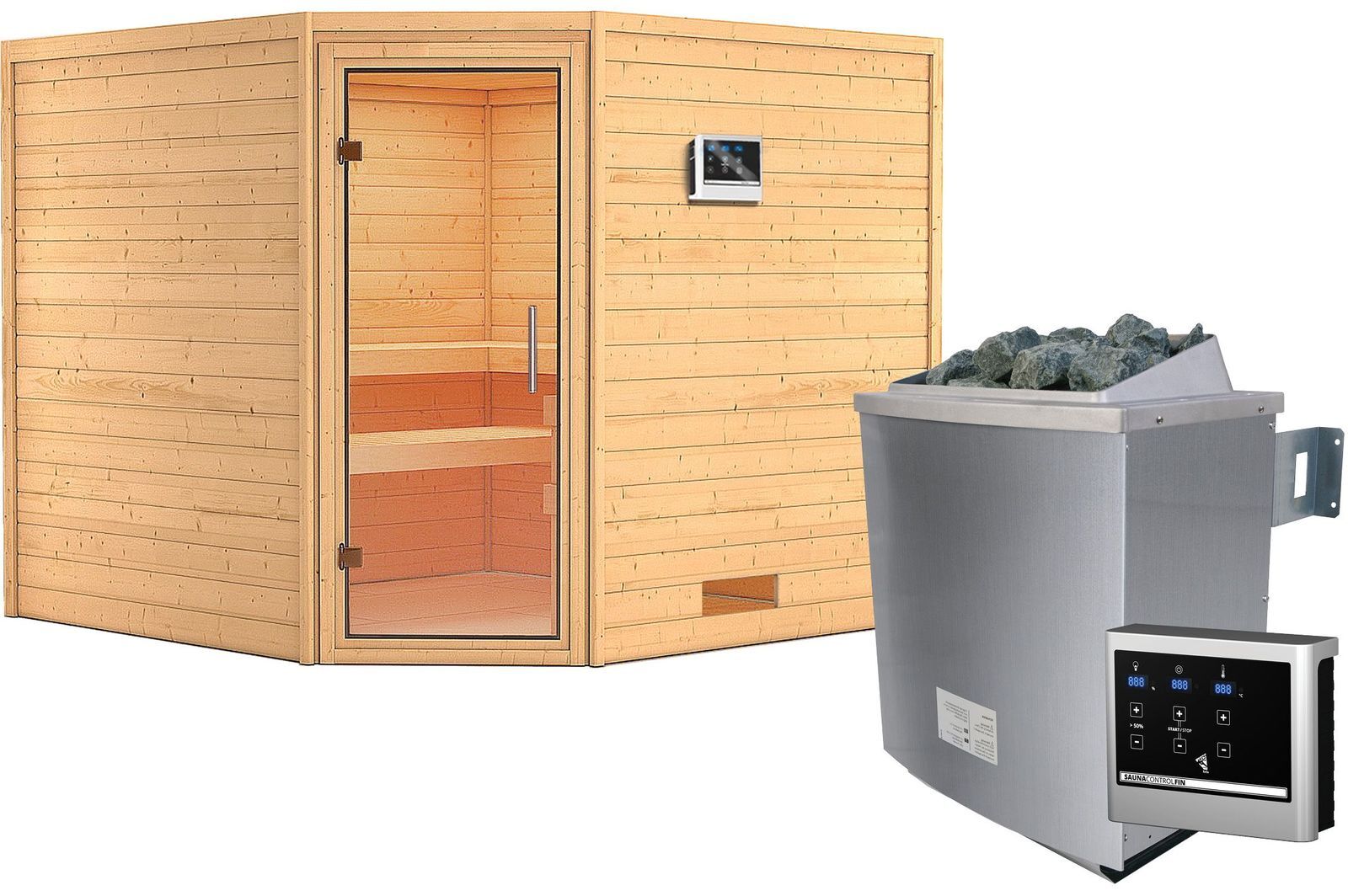 KARIBU Sauna Leona, Fichtenholz 38 mm, Eckeinstieg, ca. 5m²