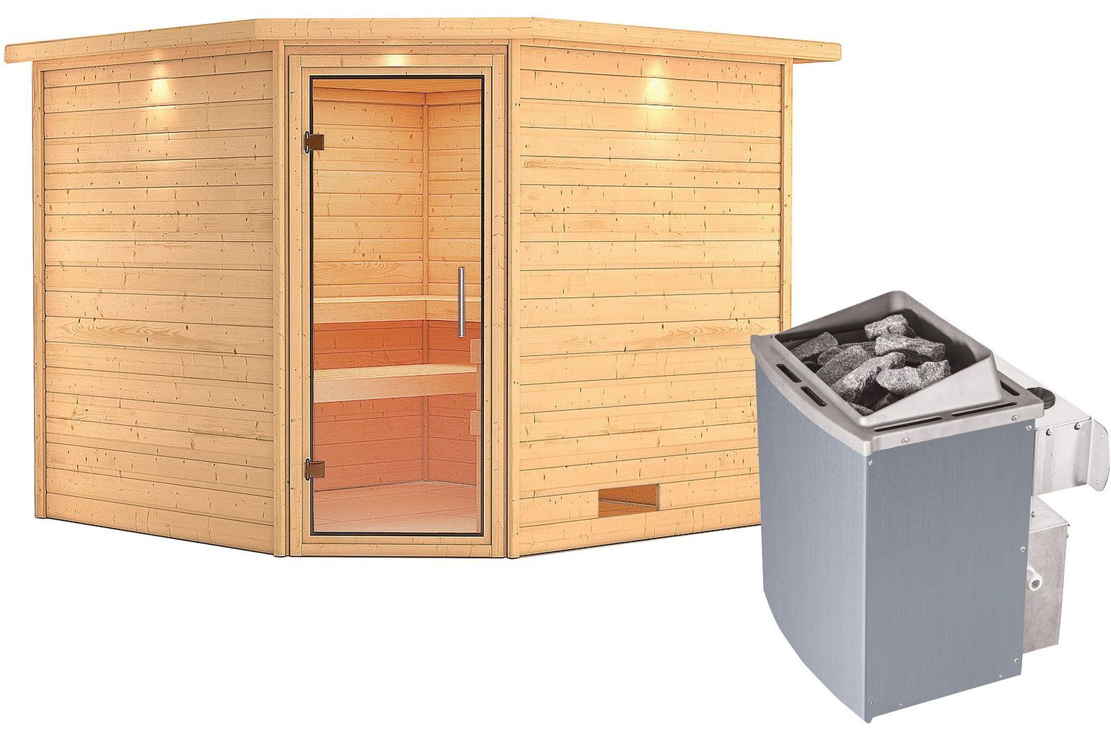 KARIBU Sauna Leona, Fichtenholz 38 mm, Eckeinstieg, ca. 5m²