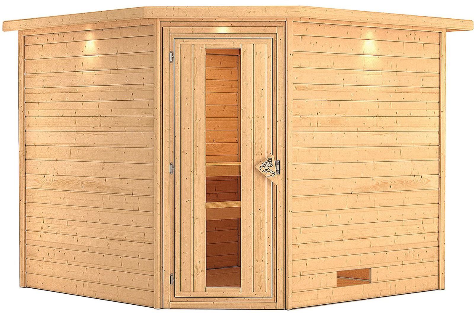 KARIBU Sauna Leona, Fichtenholz 38 mm, Eckeinstieg, ca. 5m²