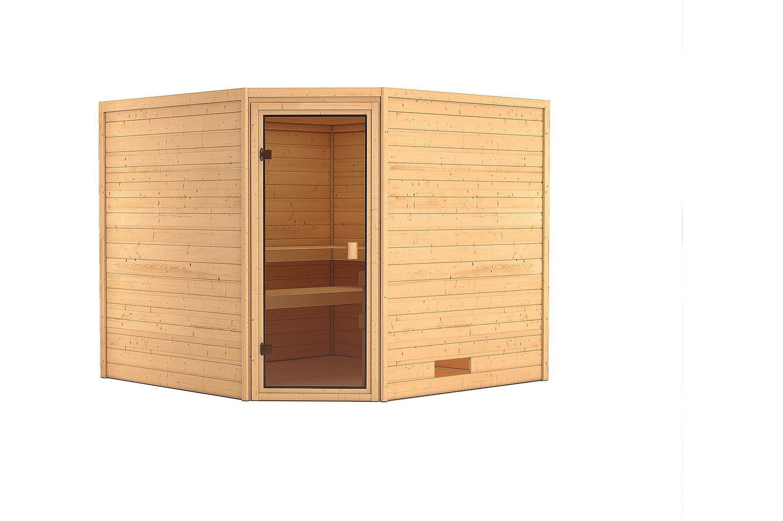 KARIBU Sauna Leona, Fichtenholz 38 mm, Eckeinstieg, ca. 5m²