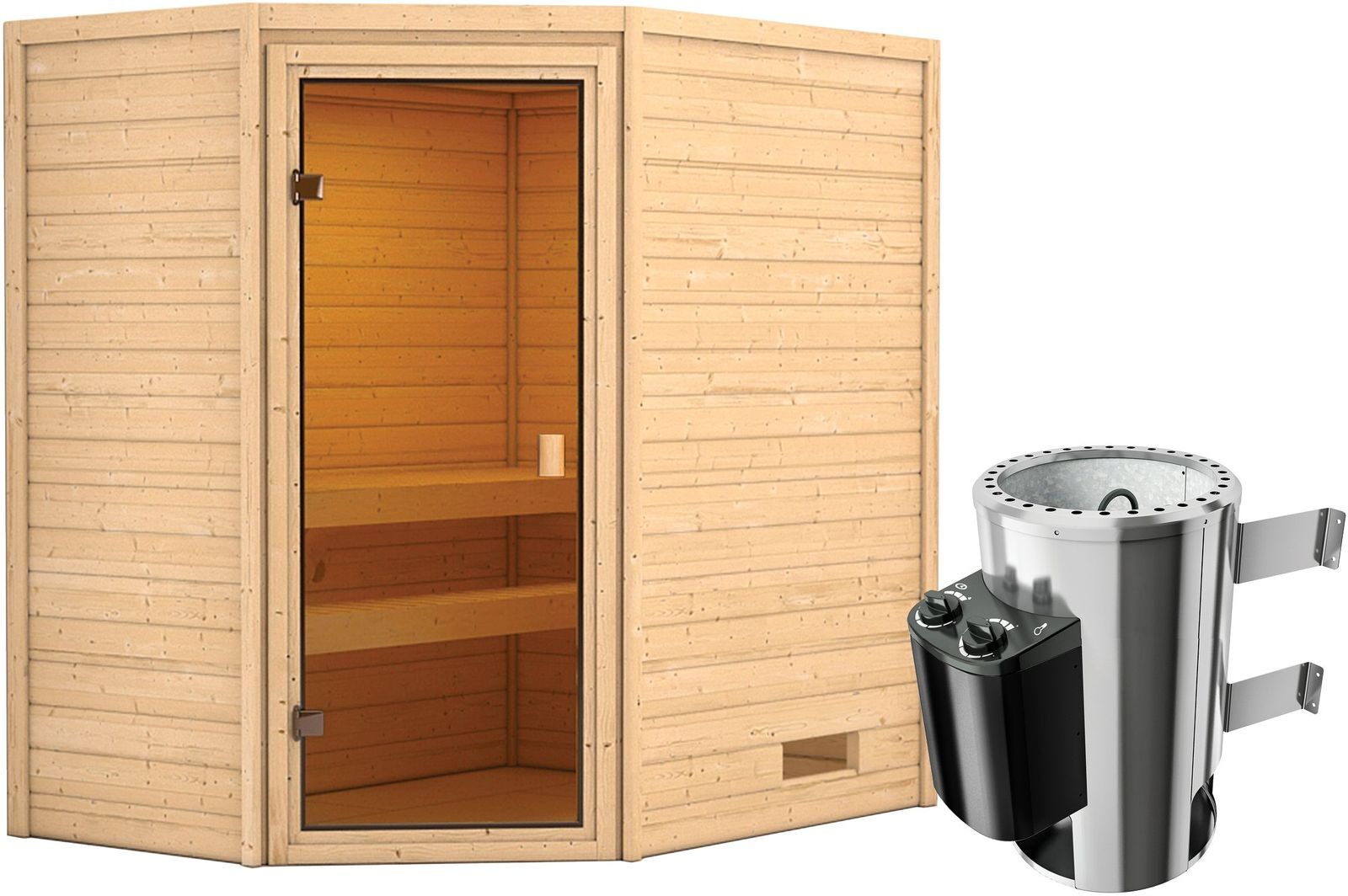 KARIBU Sauna Jella, Fichtenholz 38 mm, Eckeinstieg, ca. 2,3m²