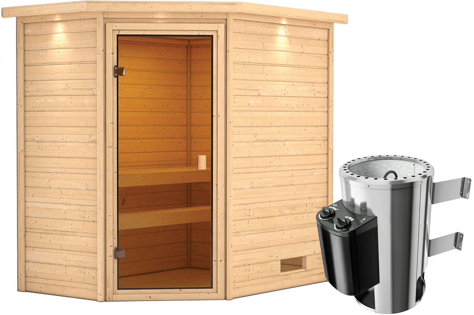 KARIBU Sauna Jella, Fichtenholz 38 mm, Eckeinstieg, ca. 2,3m²