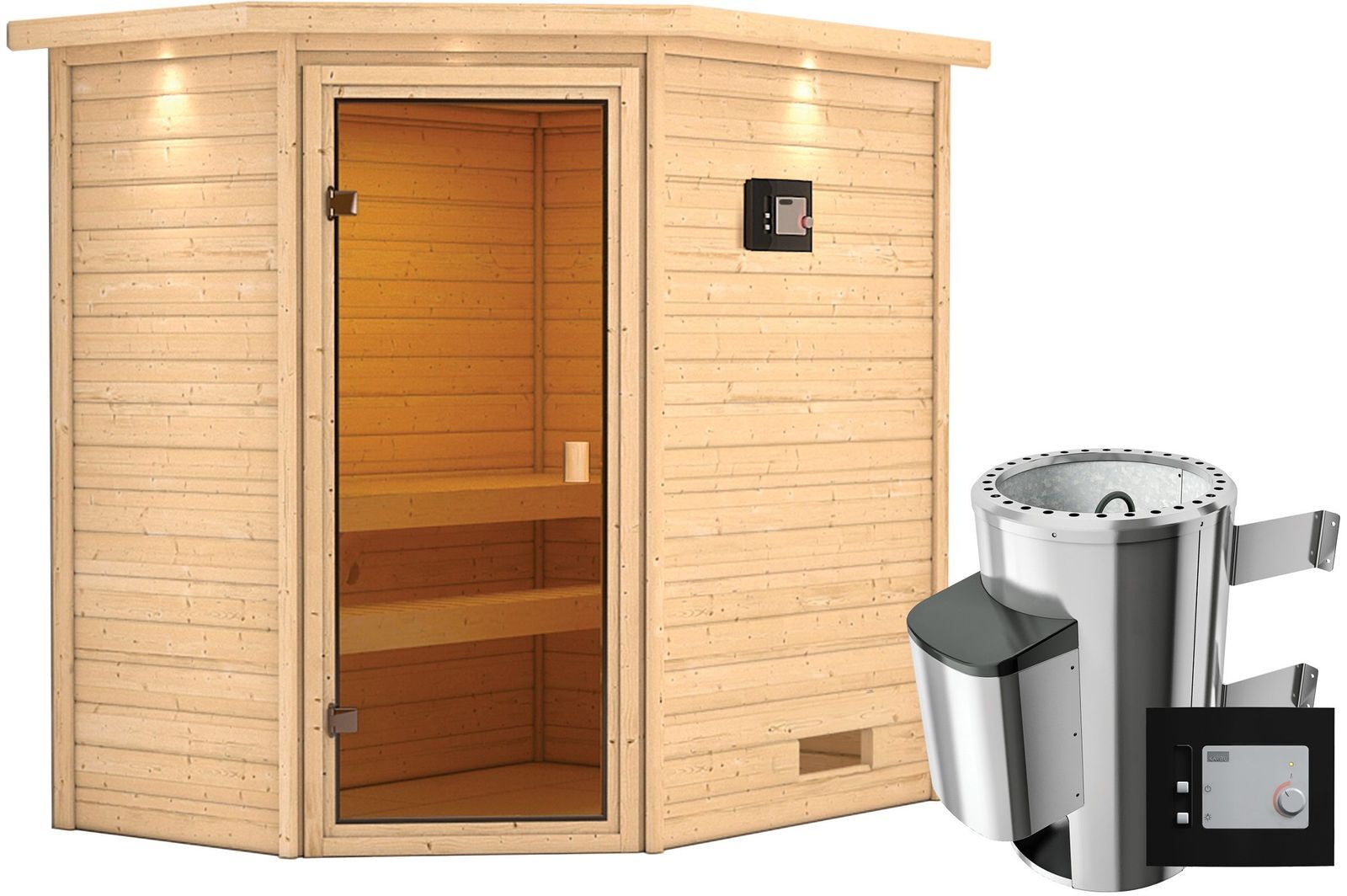 KARIBU Sauna Jella, Fichtenholz 38 mm, Eckeinstieg, ca. 2,3m²