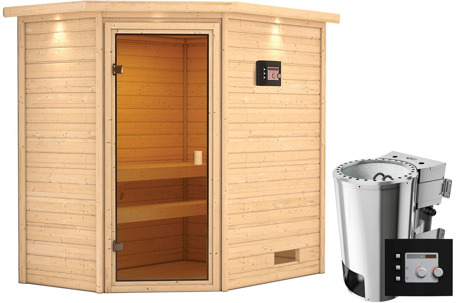 KARIBU Sauna Jella, Fichtenholz 38 mm, Eckeinstieg, ca. 2,3m²