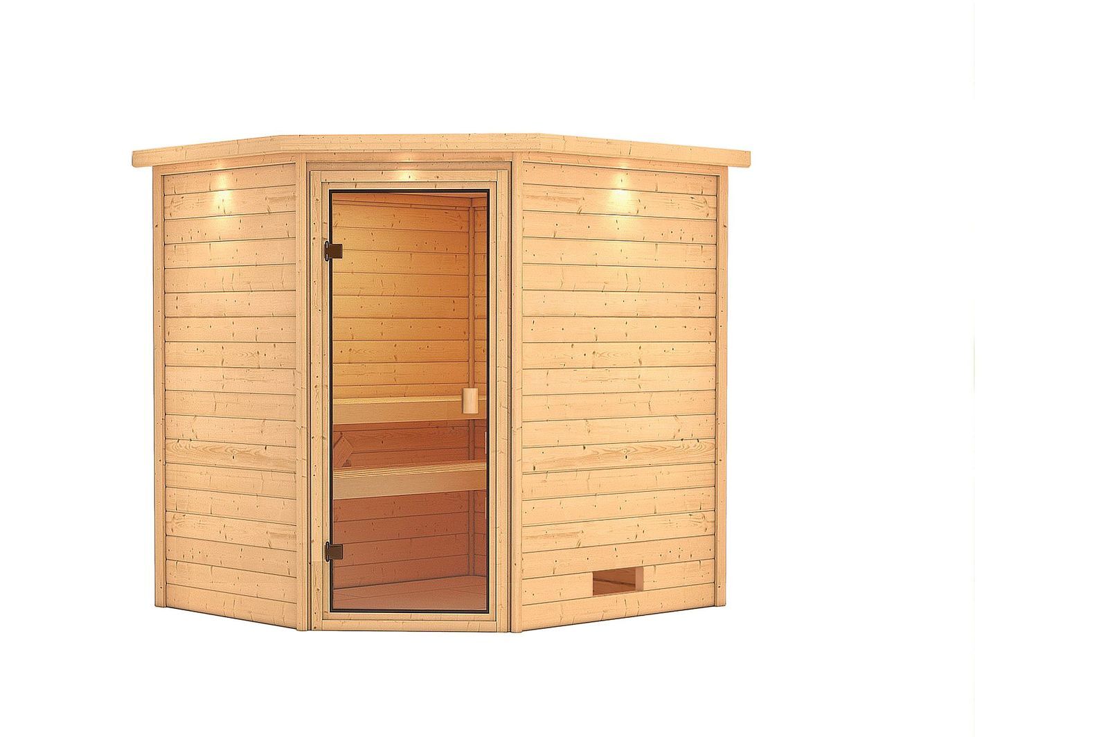 KARIBU Sauna Elea, Fichtenholz 38 mm, Eckeinstieg, ca. 2,7m²