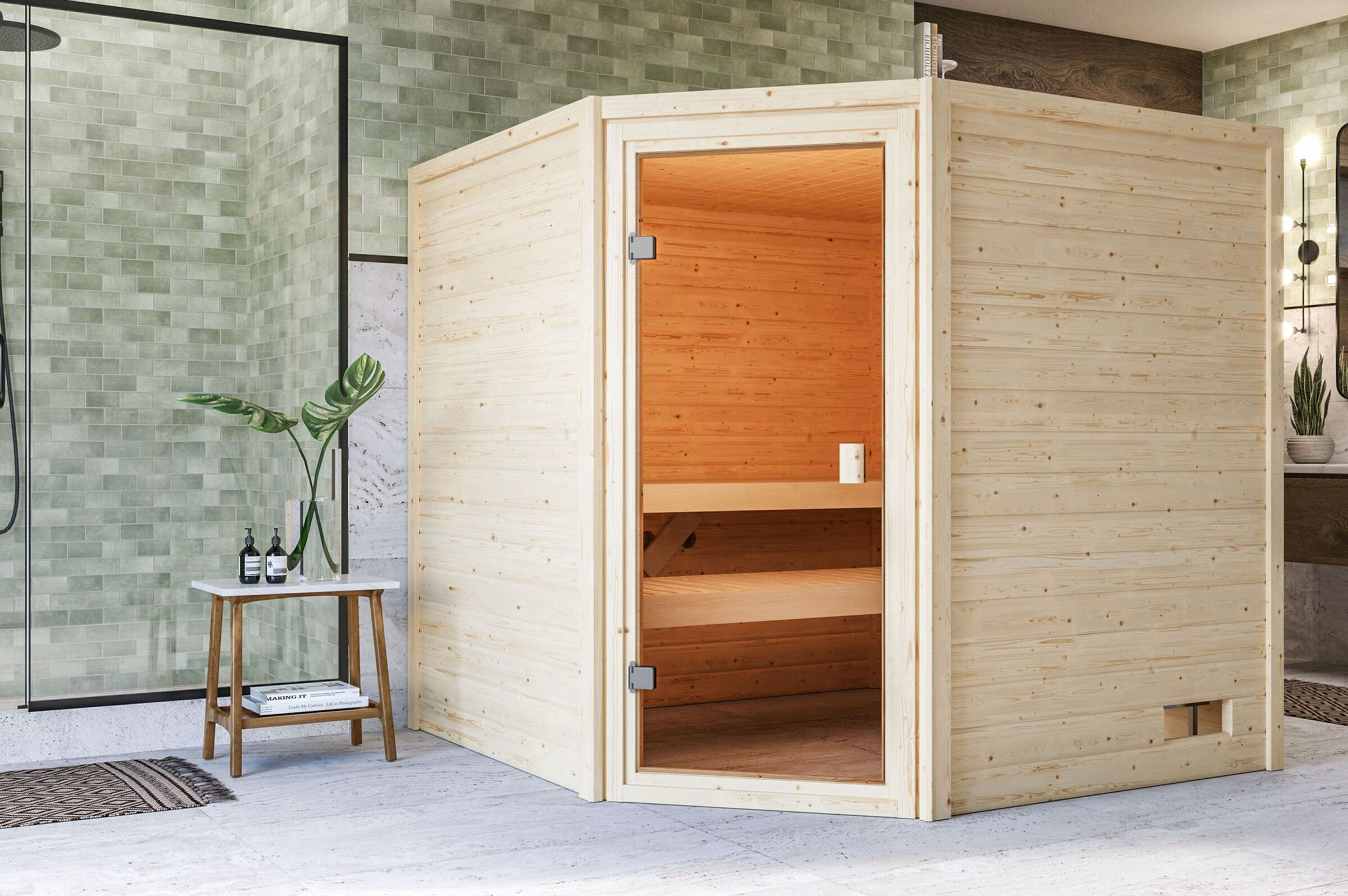 KARIBU Sauna Tilda, Fichtenholz 38 mm, Eckeinstieg, ca. 3,2m²