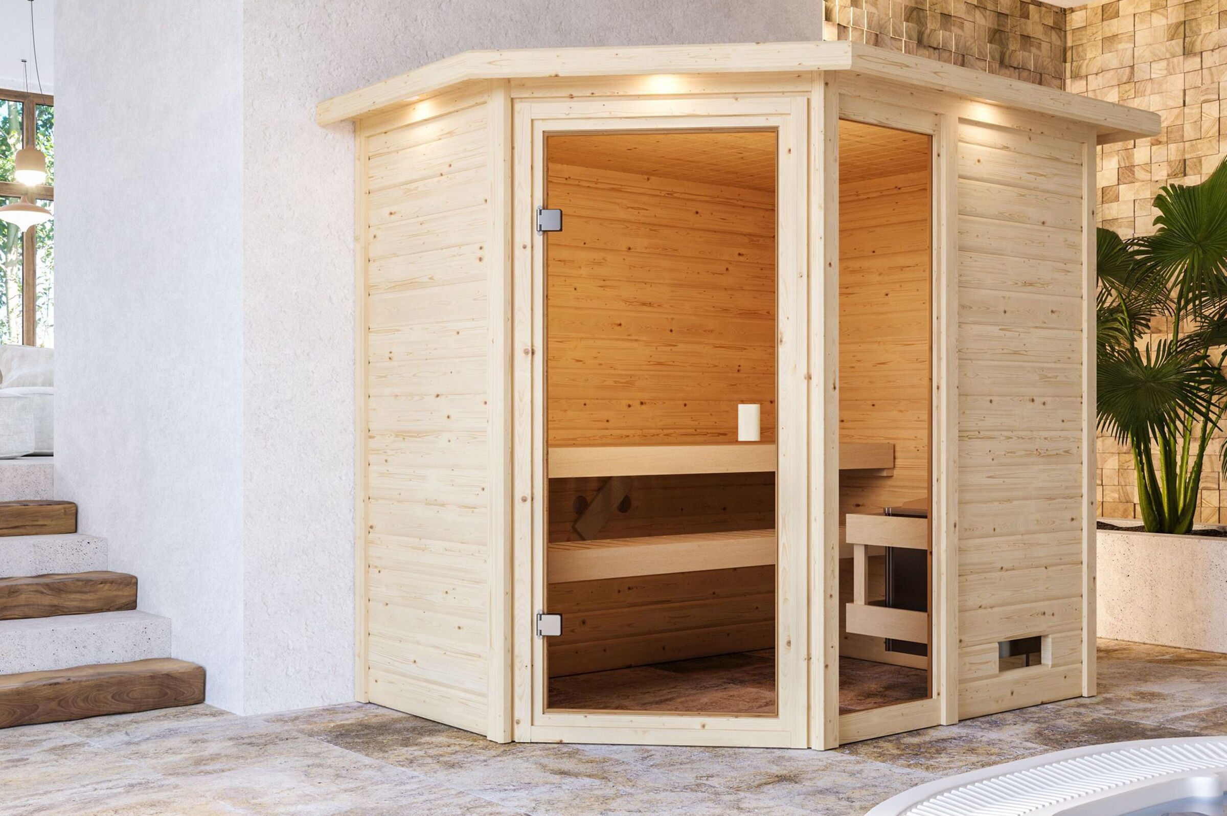 KARIBU Sauna Jada, Fichtenholz 38 mm, Eckeinstieg, ca. 2,3m²