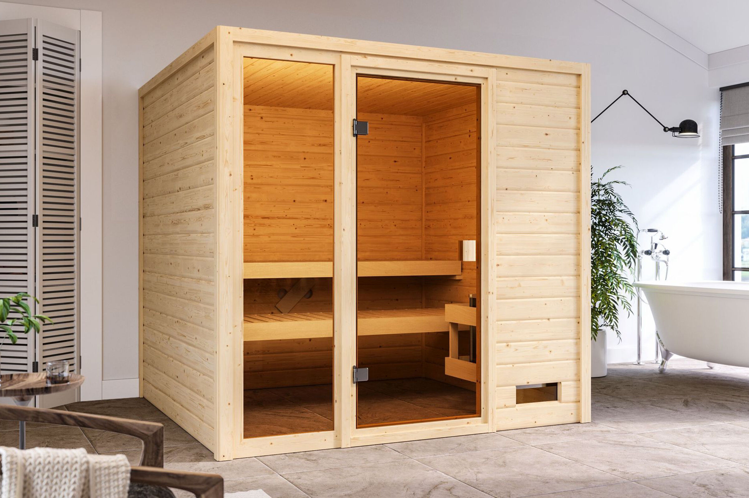 KARIBU Sauna Jutta, Fichtenholz 38 mm, Fronteinstieg, ca. 3,4m²