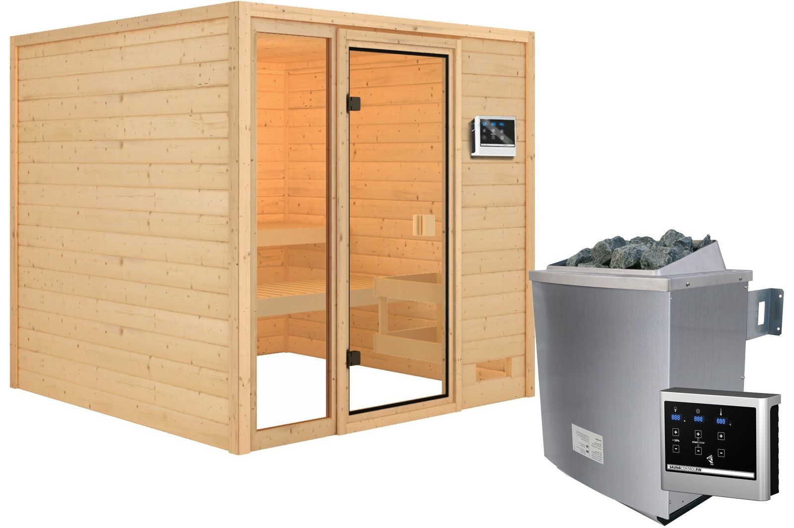 KARIBU Sauna Jutta, Fichtenholz 38 mm, Fronteinstieg, ca. 3,4m²