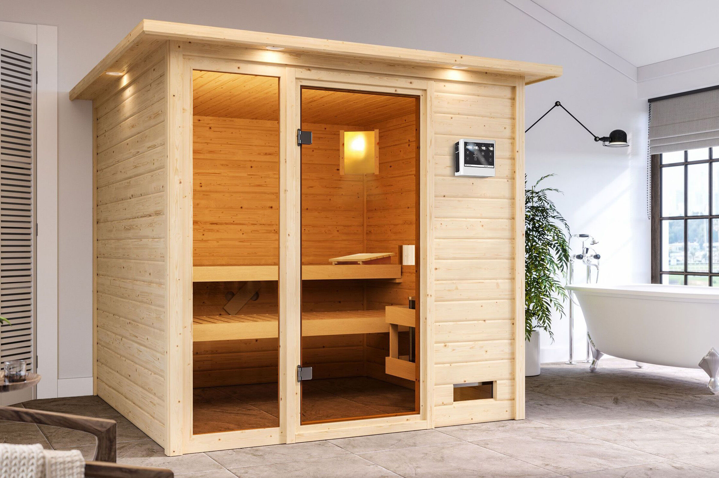 KARIBU Sauna Jutta, Fichtenholz 38 mm, Fronteinstieg, ca. 3,4m²