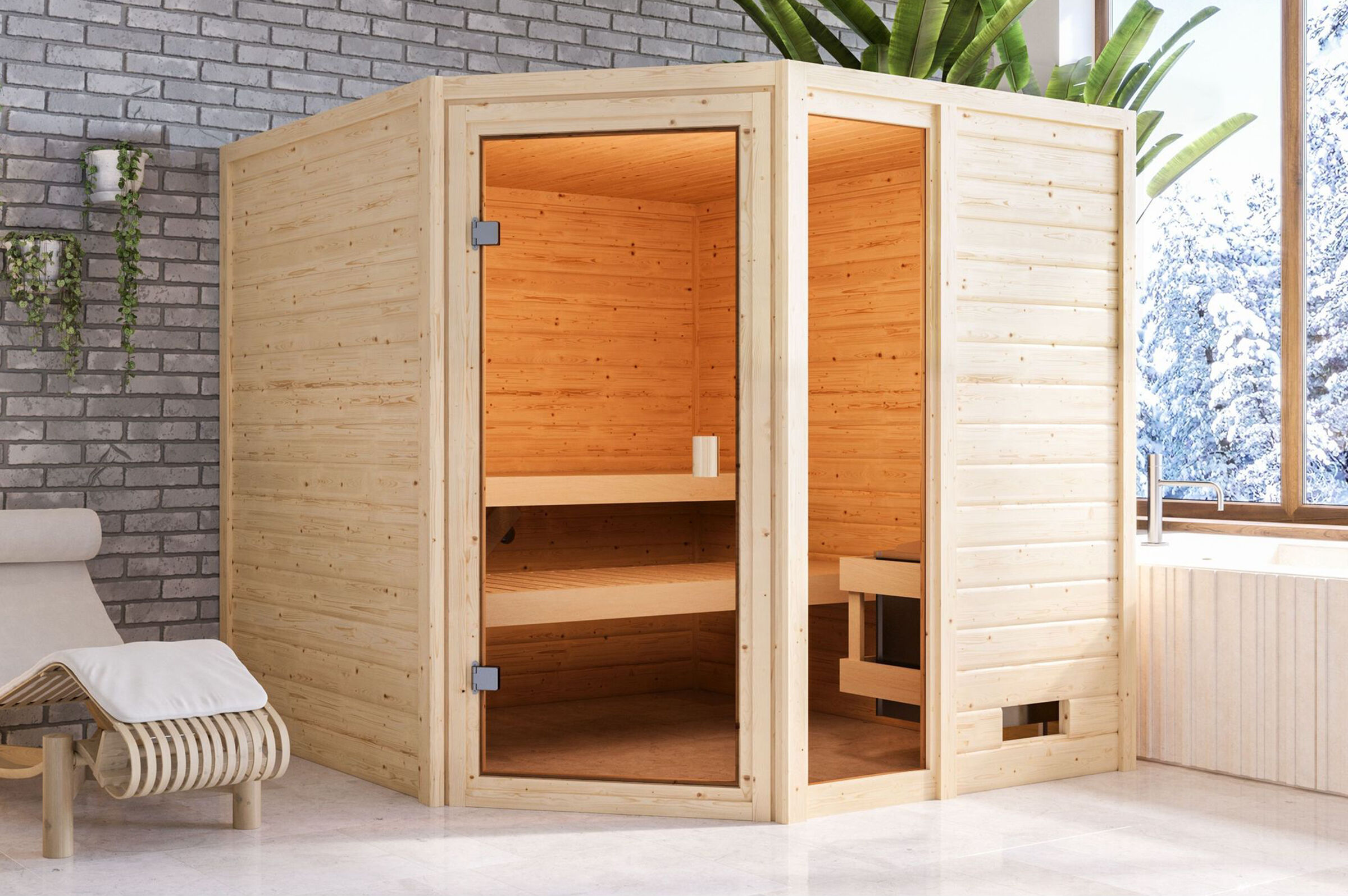 KARIBU Sauna Tabea, Fichtenholz 38 mm, Eckeinstieg, ca. 3,2m²