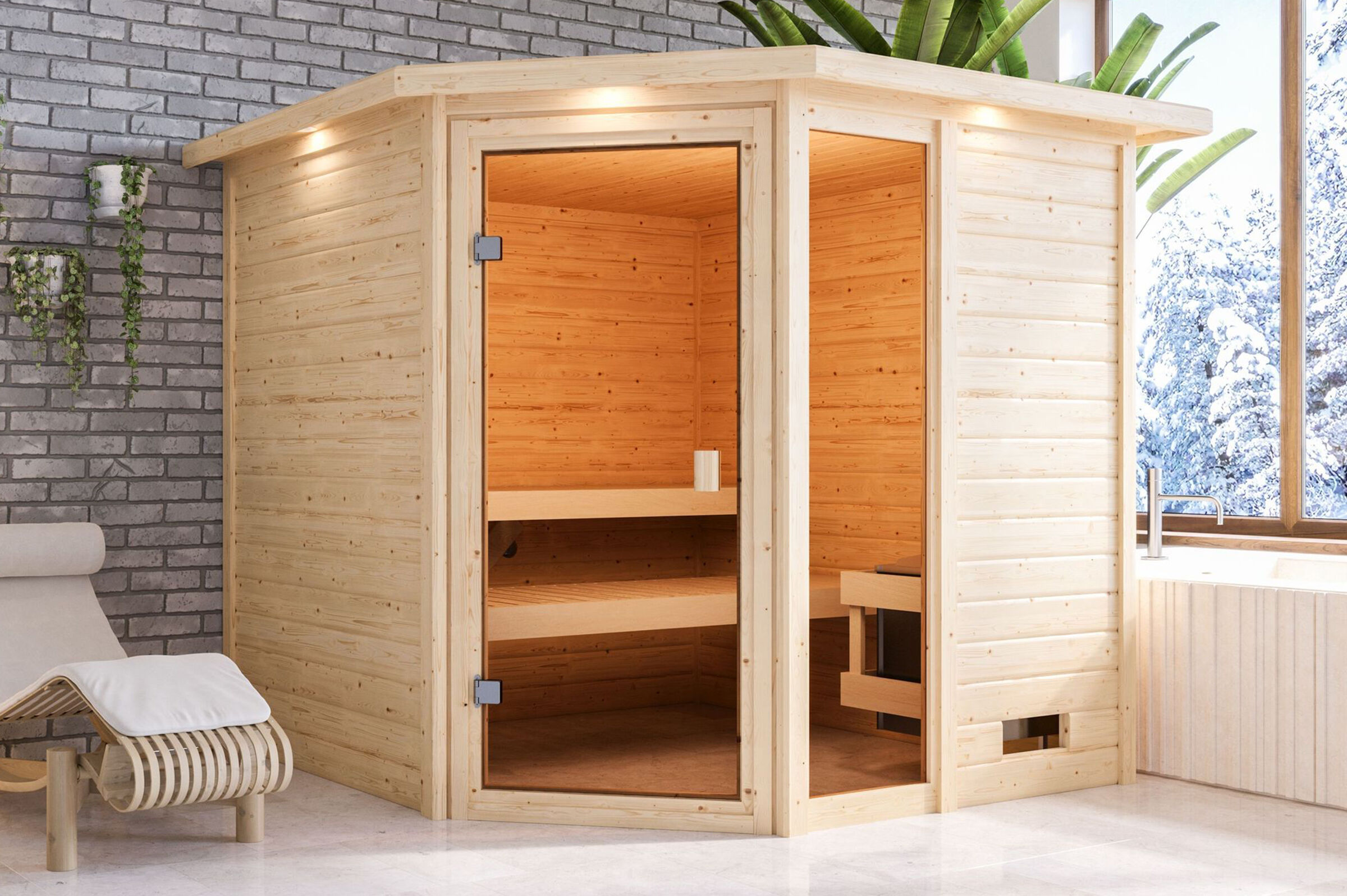 KARIBU Sauna Tabea, Fichtenholz 38 mm, Eckeinstieg, ca. 3,2m²