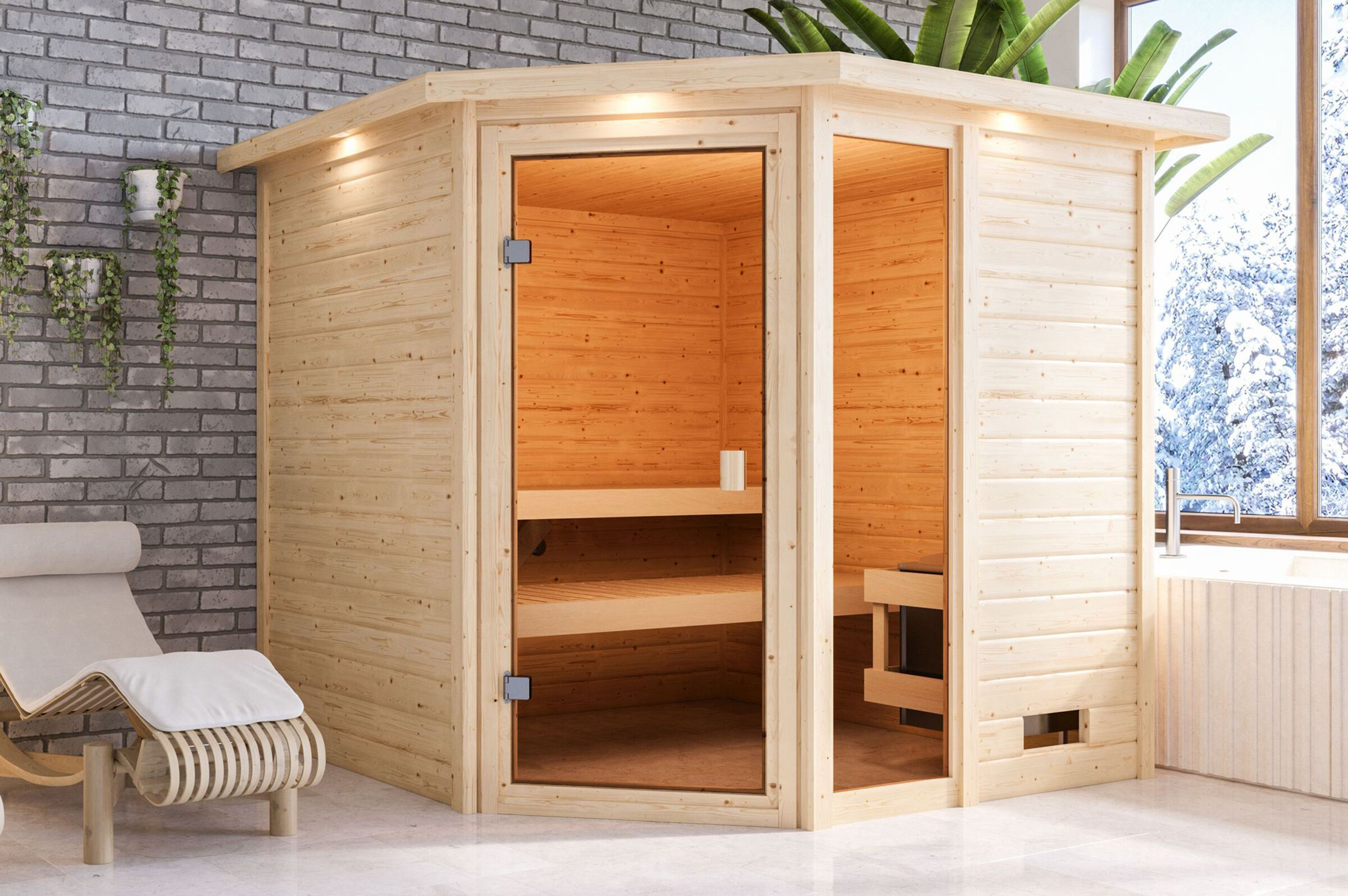 KARIBU Sauna Tabea, Fichtenholz 38 mm, Eckeinstieg, ca. 3,2m²