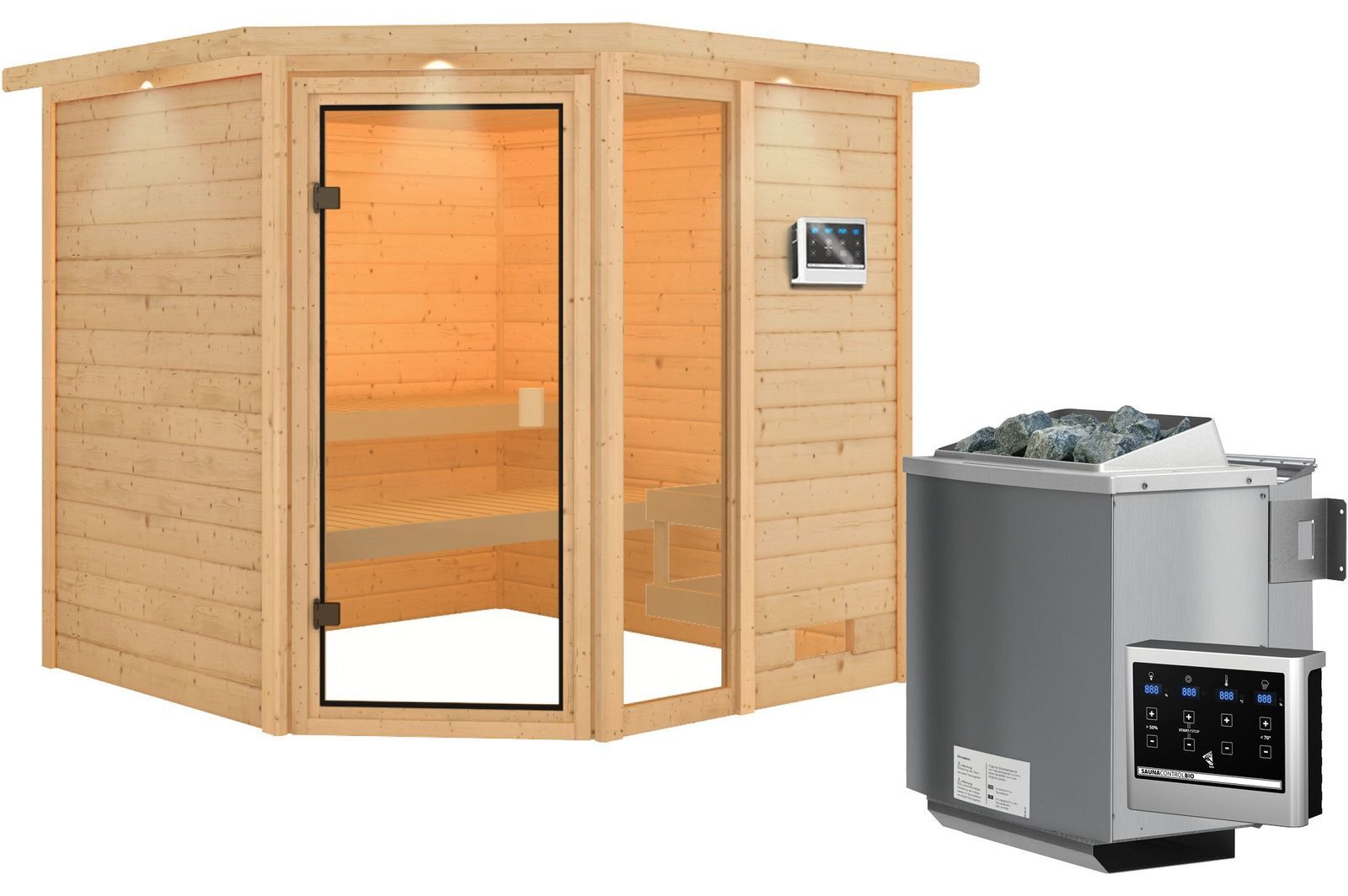 KARIBU Sauna Tabea, Fichtenholz 38 mm, Eckeinstieg, ca. 3,2m²