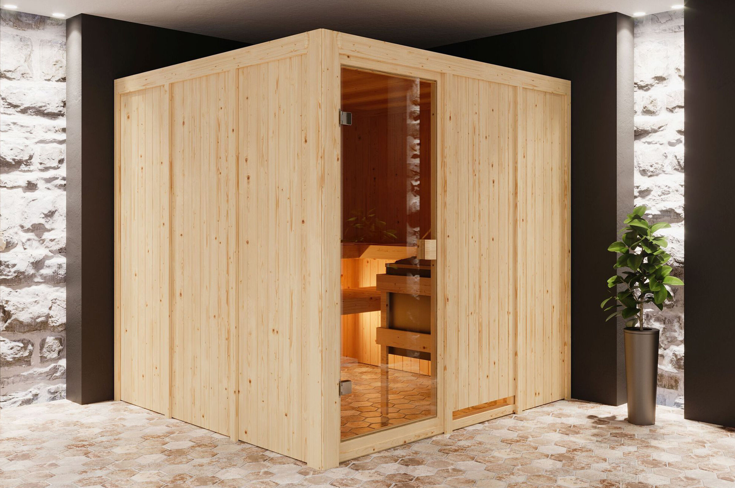 KARIBU Sauna Oulu, Fichtenholz 68 mm, Fronteinstieg, ca. 3,2m²