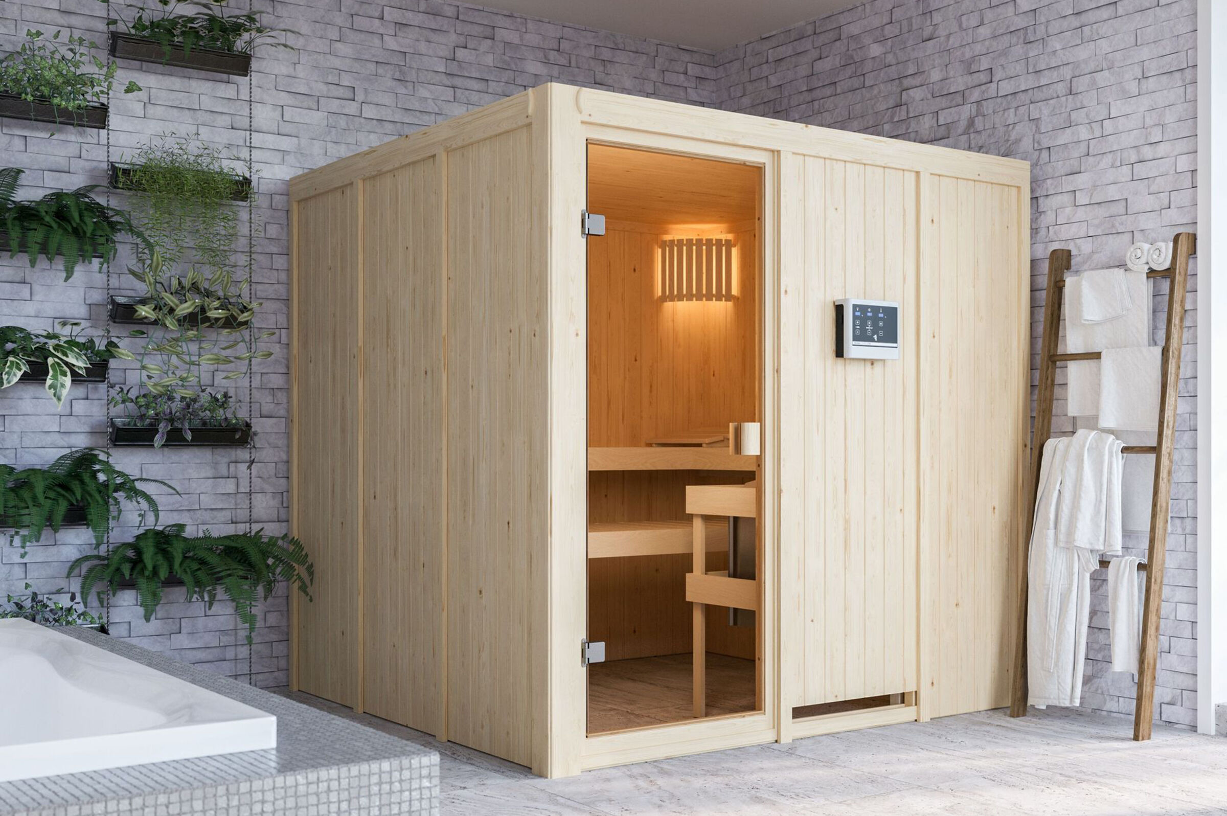 KARIBU Sauna Oulu, Fichtenholz 68 mm, Fronteinstieg, ca. 3,2m²