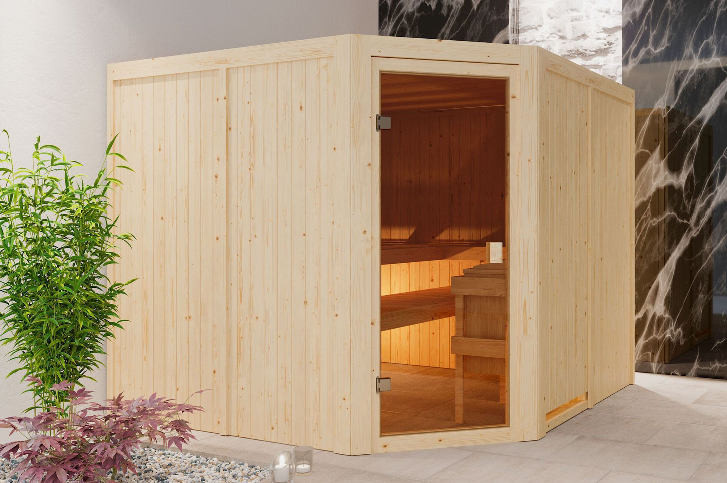 KARIBU Sauna Ystad, Fichtenholz 68 mm, Eckeinstieg, ca. 5,3m²