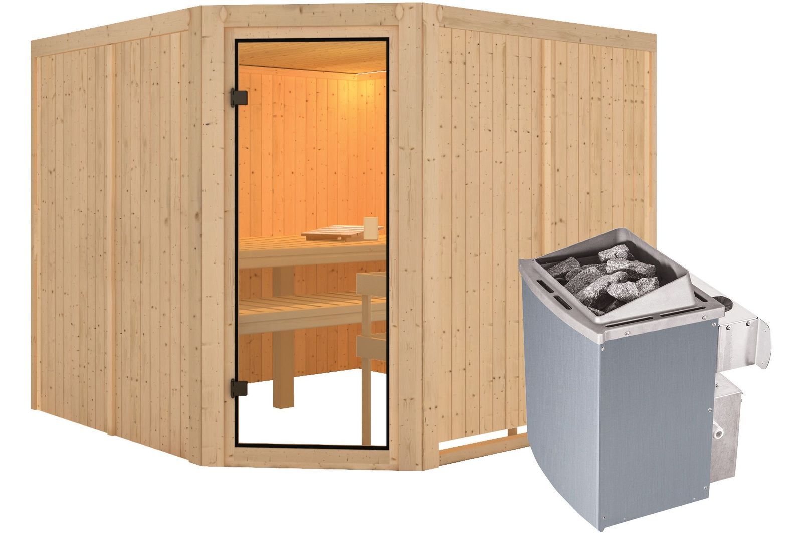 KARIBU Sauna Ystad, Fichtenholz 68 mm, Eckeinstieg, ca. 5,3m²