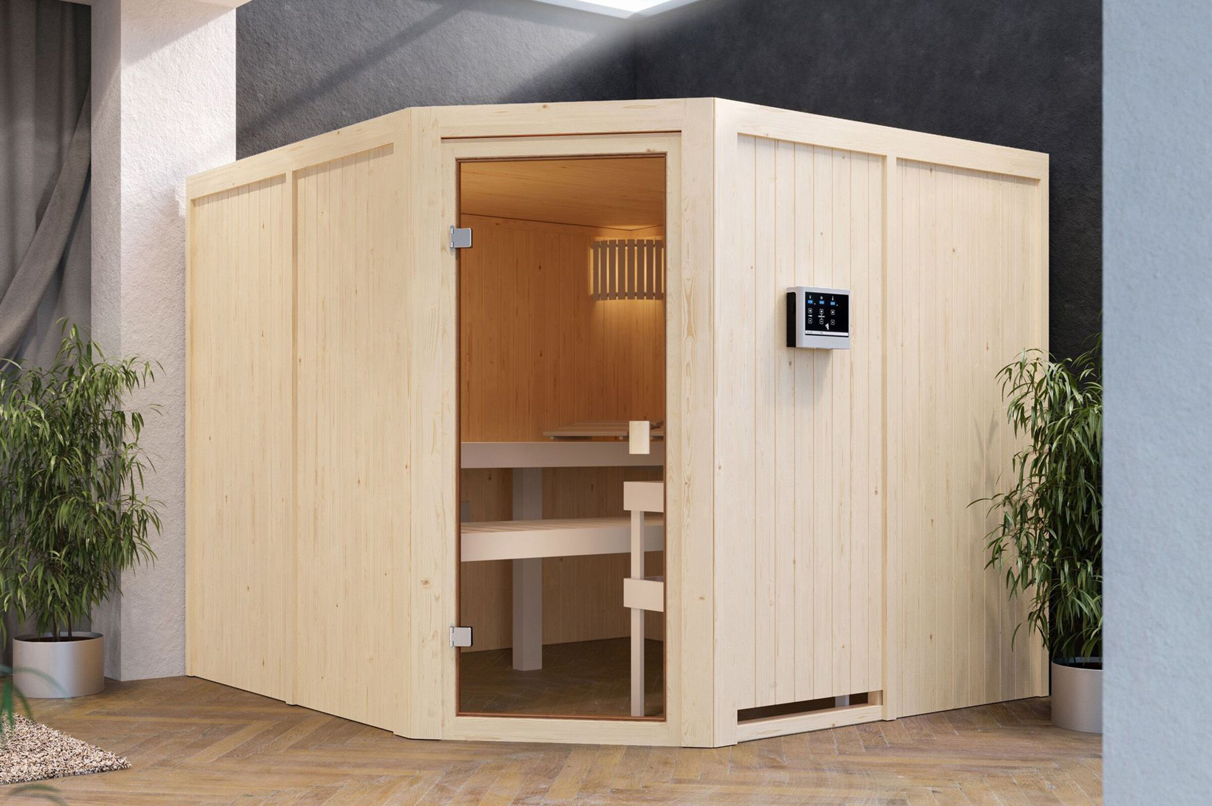 KARIBU Sauna Ystad, Fichtenholz 68 mm, Eckeinstieg, ca. 5,3m²