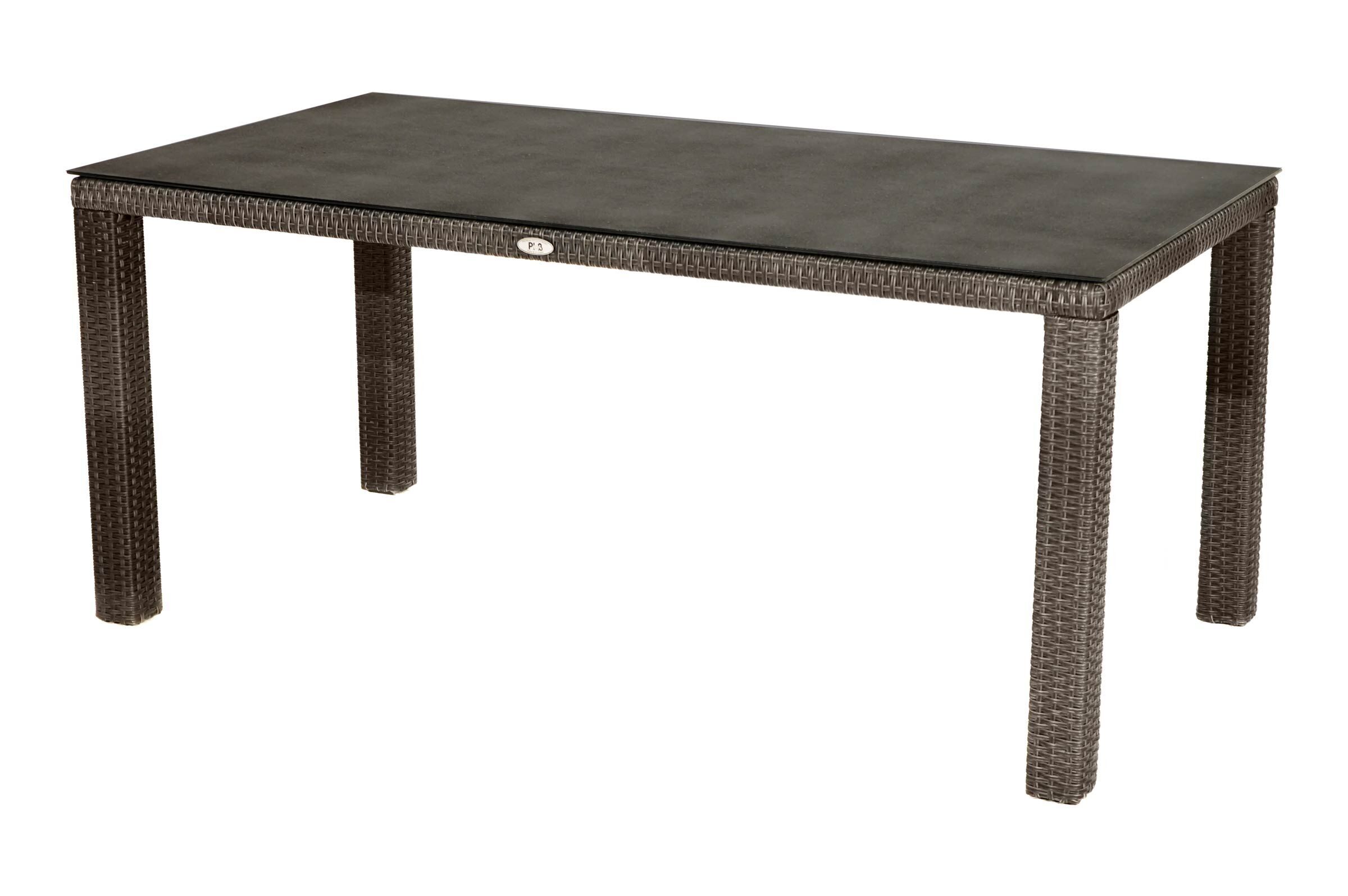 Ploß Rocking Dining Tisch, grau/braun-meliert, Polyrattan, 170 x 90 cm, Glasplatte in Steinoptik