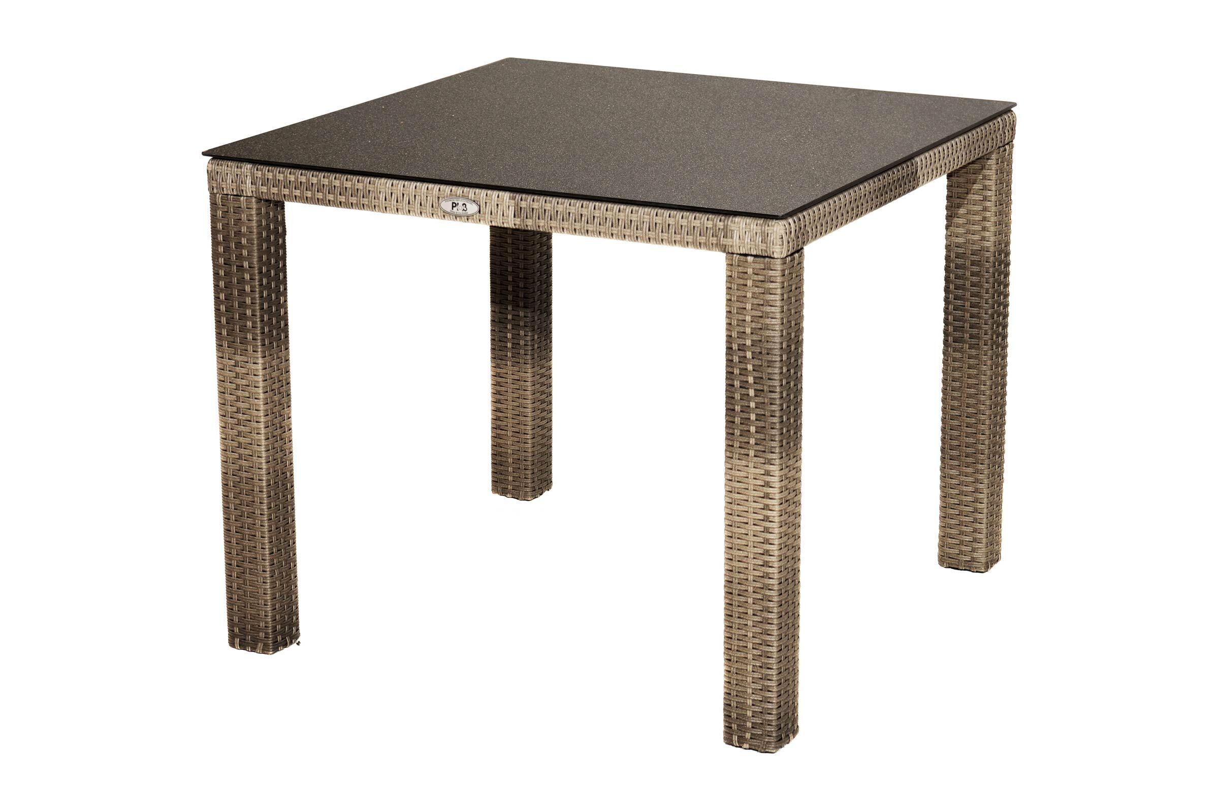 Ploß Rabida Dining Tisch, champagner-meliert, Polyrattan, 90 x 90 cm, Glasplatte in Steinoptik