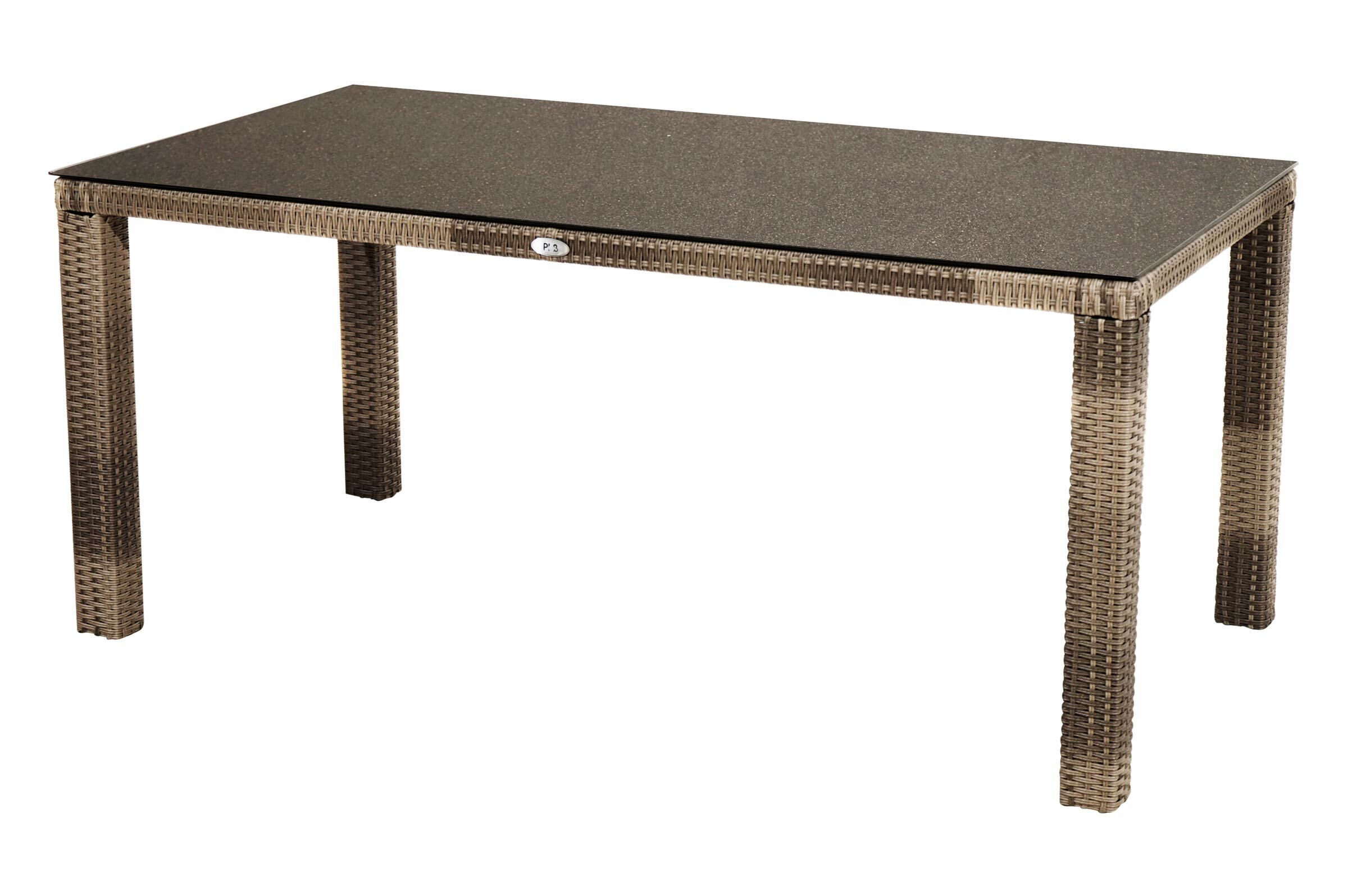 B-Ware: Ploß Rabida Dining Tisch, champagner-meliert, Polyrattan, 170 x 90 cm, Glasplatte in Steinoptik