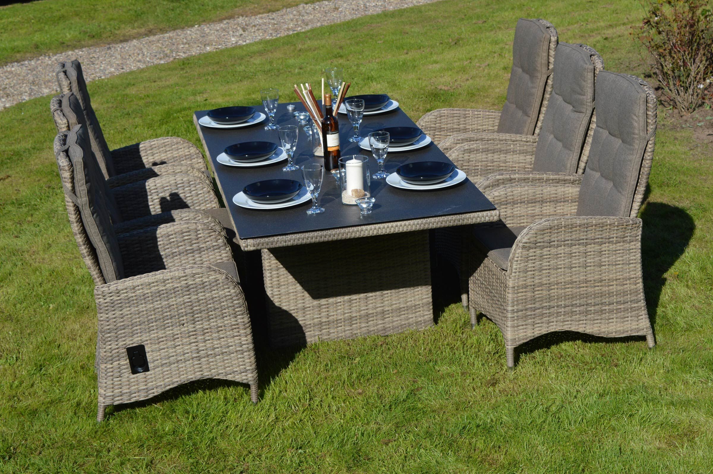 Ploß Rabida Dining Set, champagner-meliert, Polyrattan, Tisch 220 x 100 cm, 6 Sessel