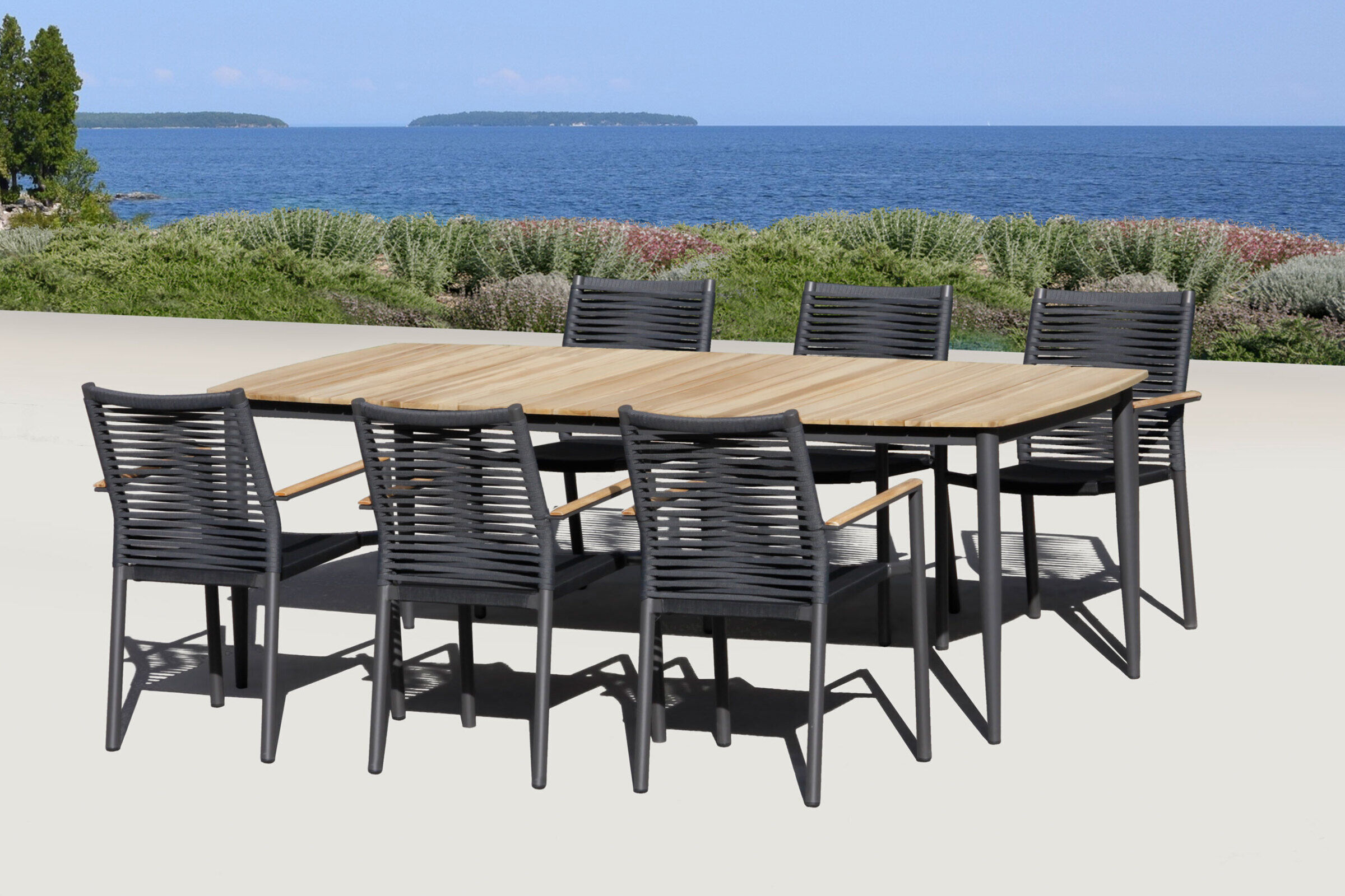 OUTFLEXX Theo/Oscar Esstischgarnitur, anthrazit/natur, Alu/Rope/FSC®-Teakholz, Tisch 214×100 cm, 6x Dining Sessel