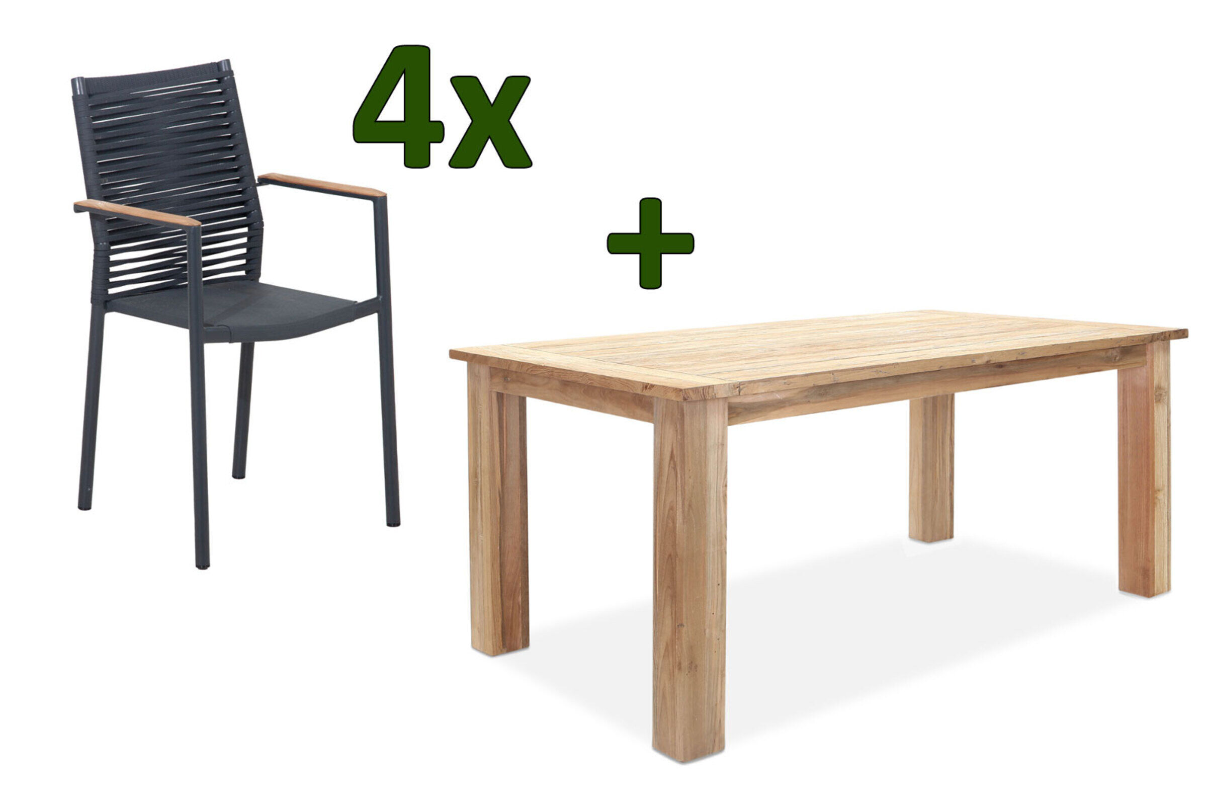 OUTFLEXX Theo Esstischgarnitur, anthrazit/natur, Alu/Rope/FSC®/SLVK-Teakholz, Tisch 160×90 cm, 4x Dining Sessel