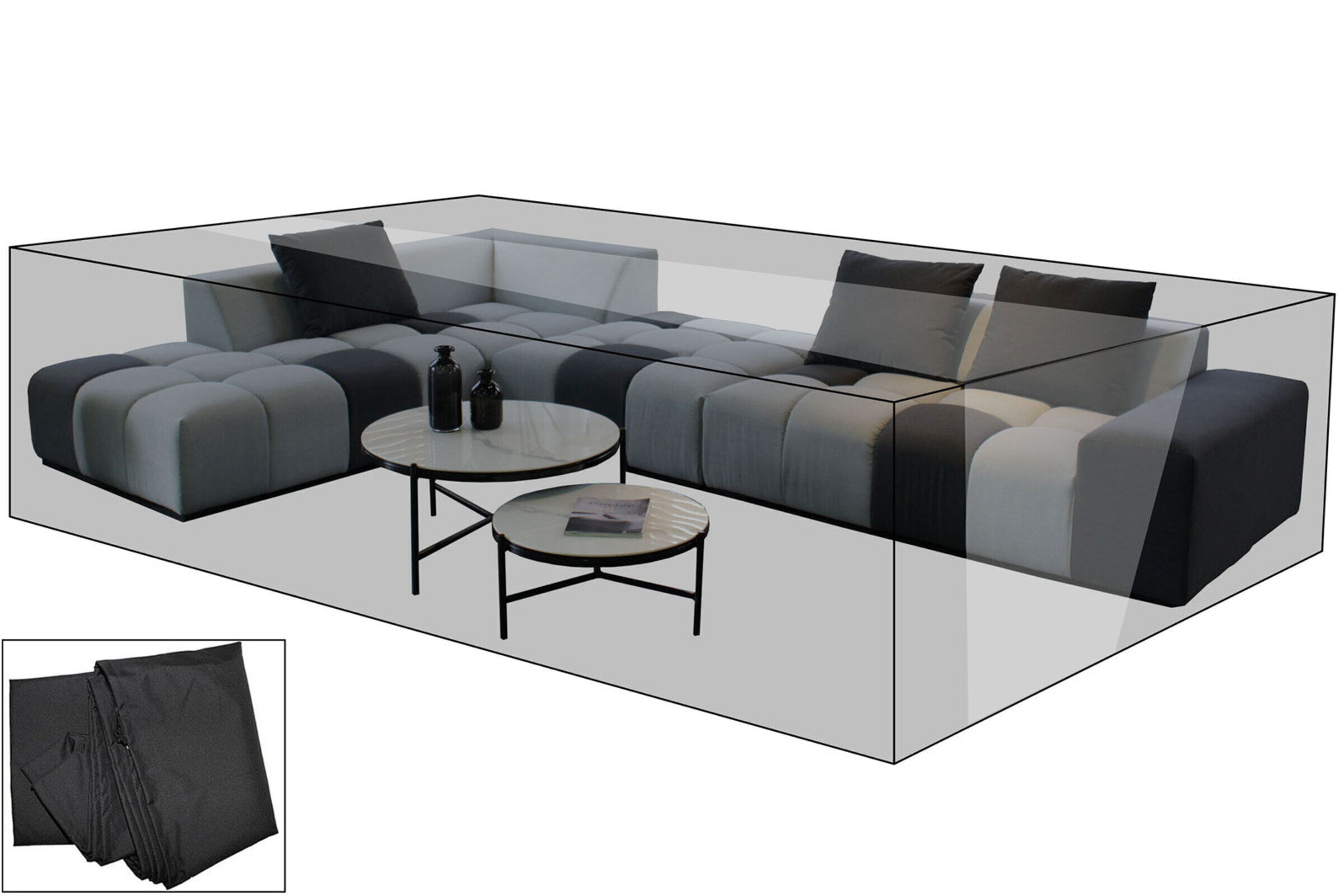 OUTFLEXX Premium Abdeckhaube für Ecklounge, schwarz, Polyester, 250 x 285 x 60 cm, wasserbeständig, integriertes Zugband