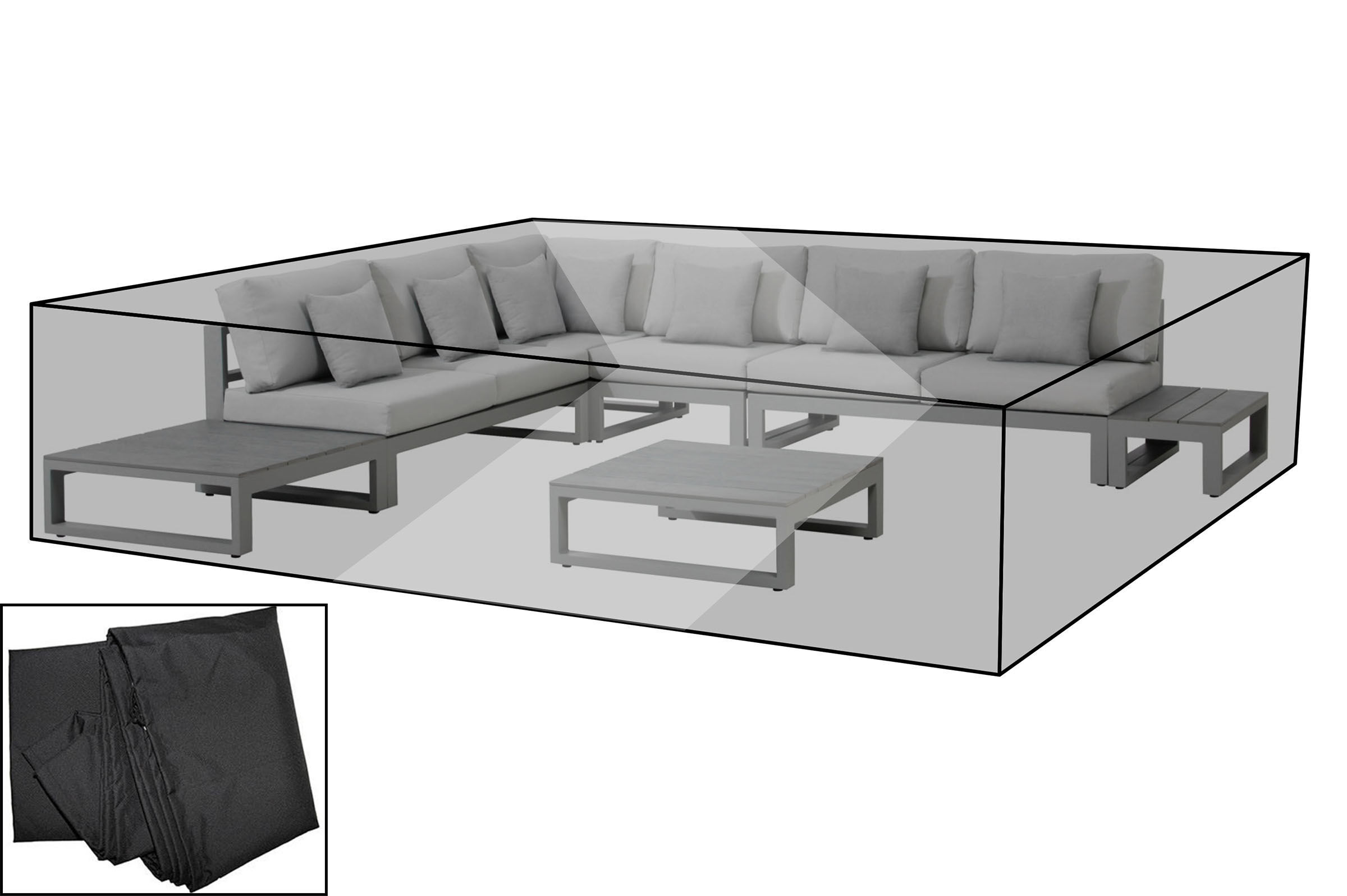 OUTFLEXX Premium Abdeckhaube für Ecklounge, schwarz, z.B. 21820, 300 x 300 x 50 cm, wasserbeständig, integriertes Zugband