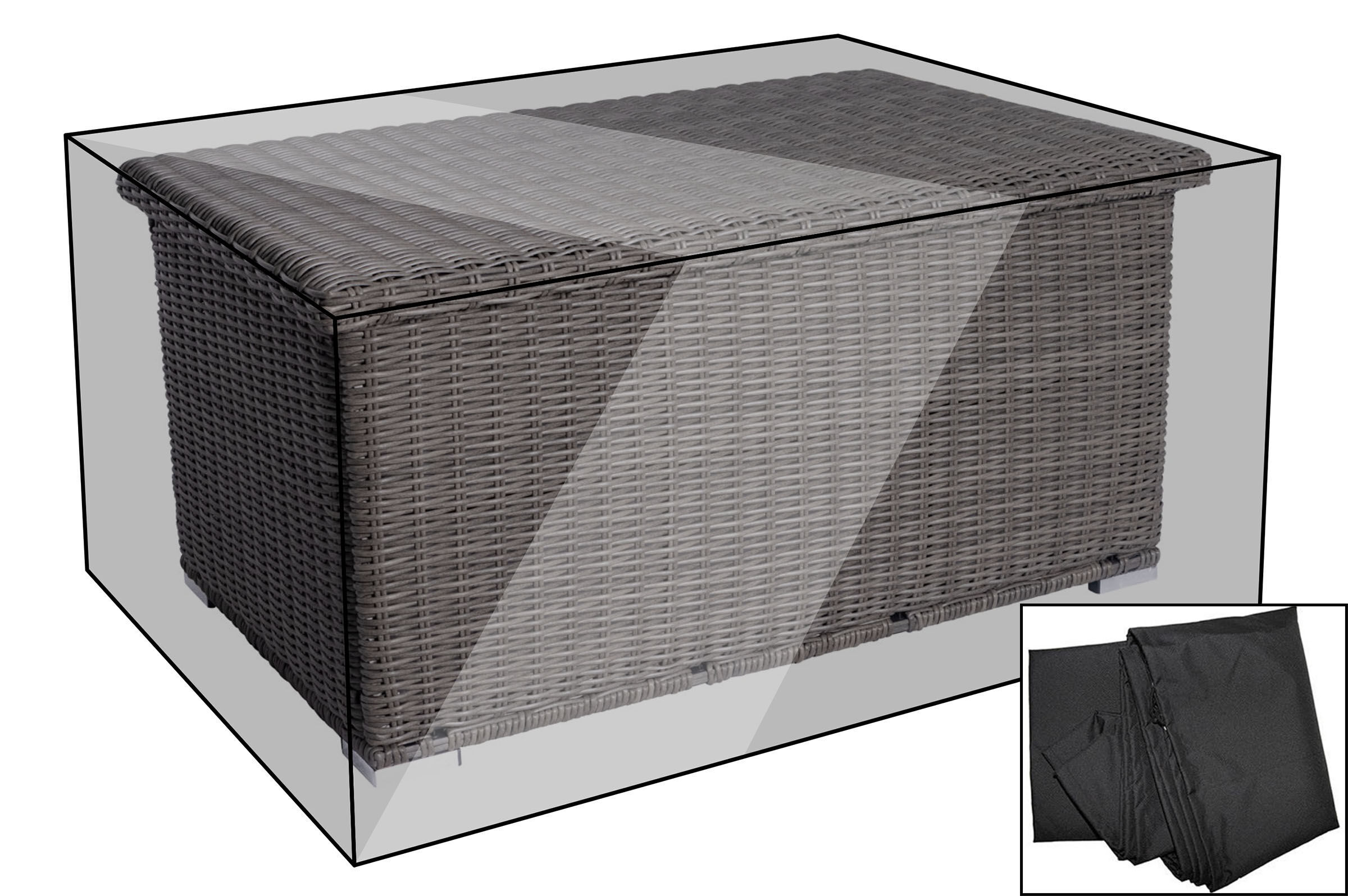 OUTFLEXX Premium Abdeckhaube für Kissenbox, schwarz, z.B. 22290, 147 x 95 x 68 cm, wasserbeständig, integriertes Zugband