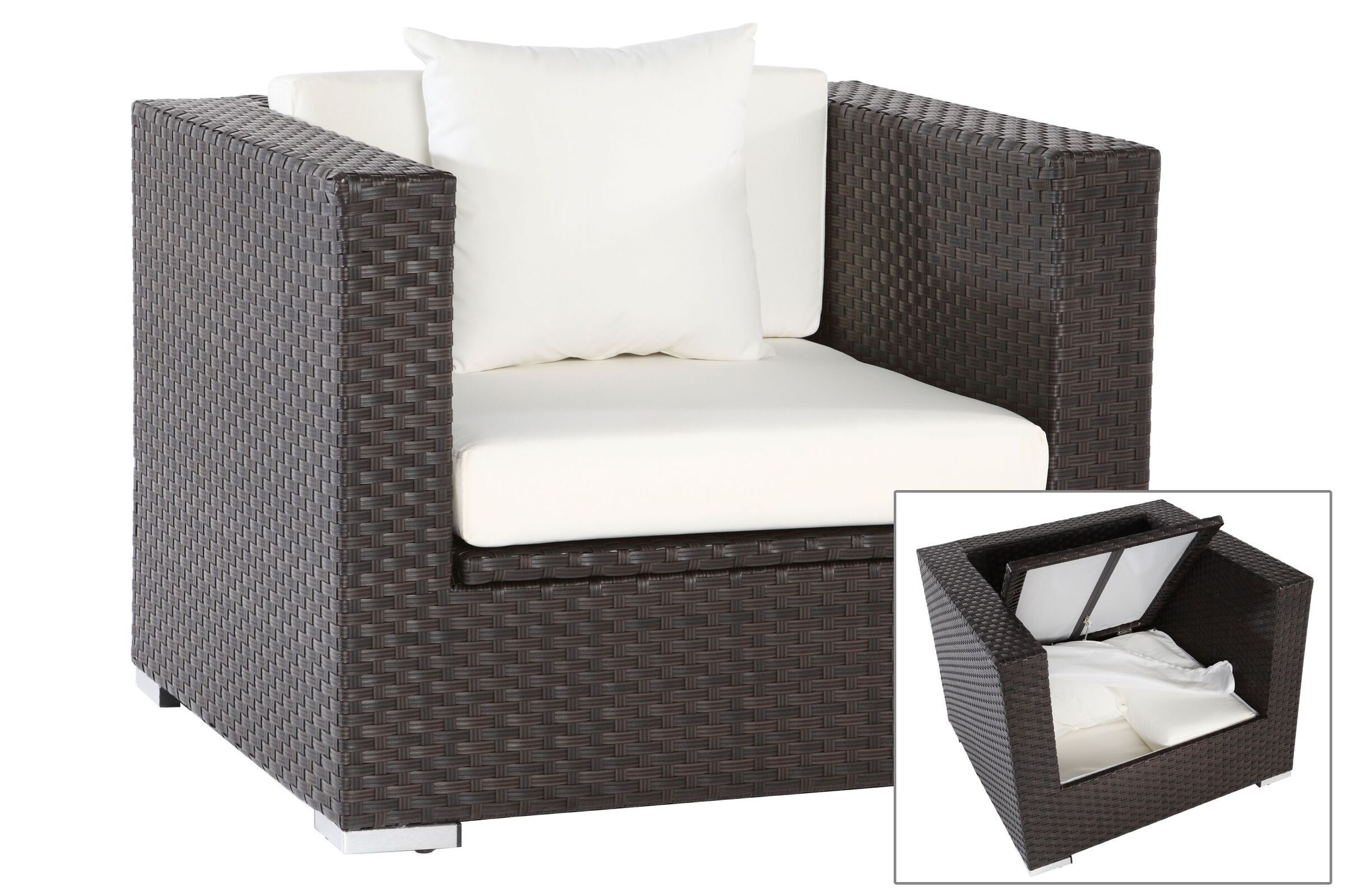 OUTFLEXX Sessel, braun, Polyrattan, inkl. Polster und Kissen, wasserfeste Kissenbox