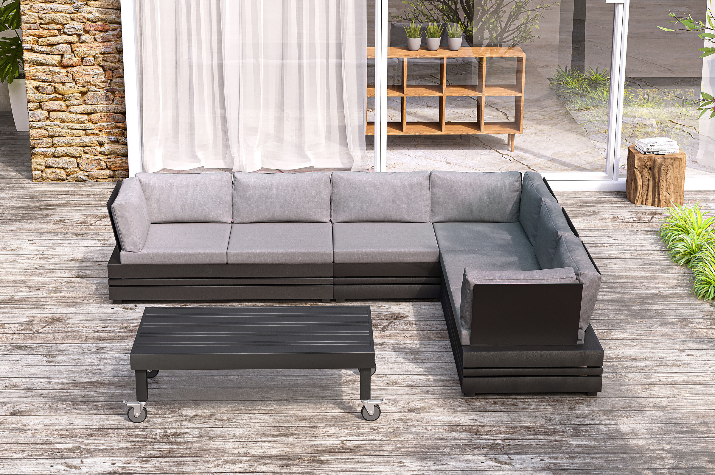 OUTFLEXX Ecklounge, anthrazit matt/grau, Alu/Polyester, 5-6 Personen, inklusive Polster und rollbaren Beistelltisch