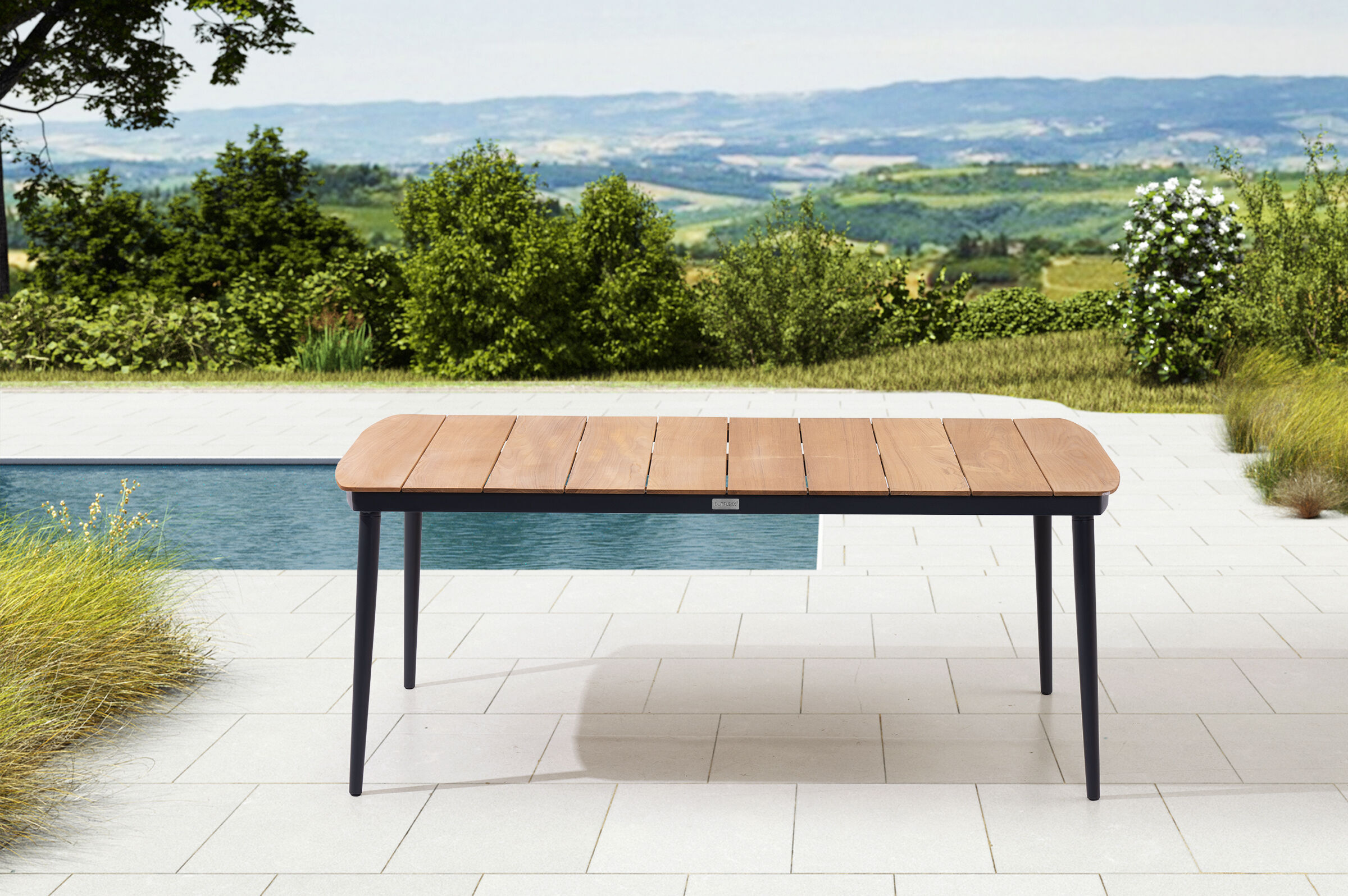 OUTFLEXX Esstisch, anthrazit matt/ natur, Alu/Teak, 184×100 cm