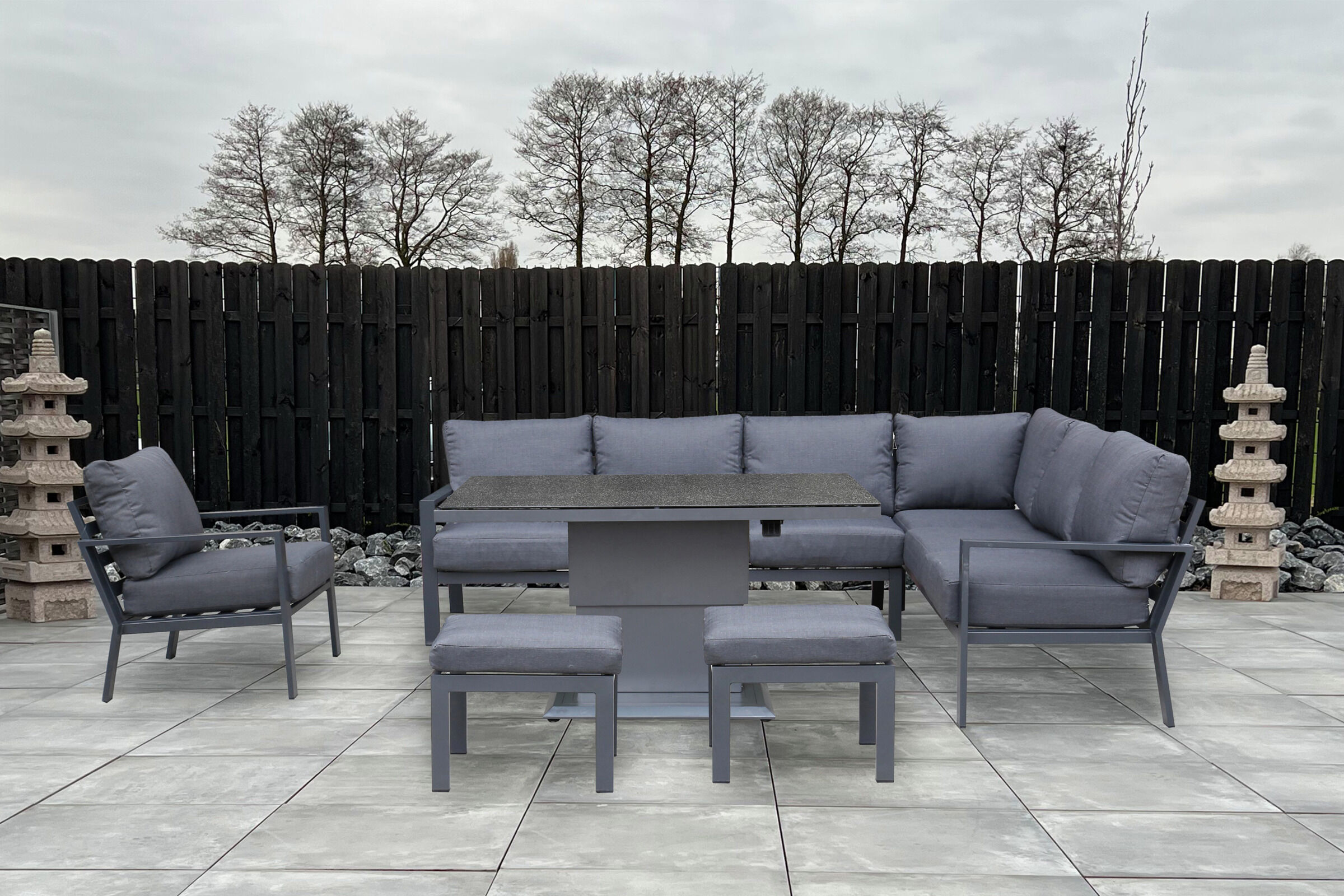 OUTFLEXX Dining-Lounge, anthrazit/grau, Alu/Spraystone/Olefin, 130 x 75 cm, höhenverstellbarer Tisch