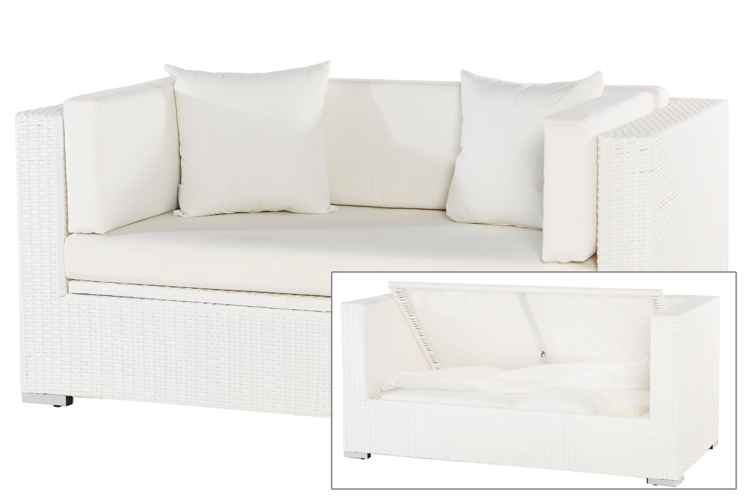 OUTFLEXX 2-Sitzer Sofa, weiß, Polyrattan, 152x85x70cm, inkl. Polster, wasserfeste Kissenbox