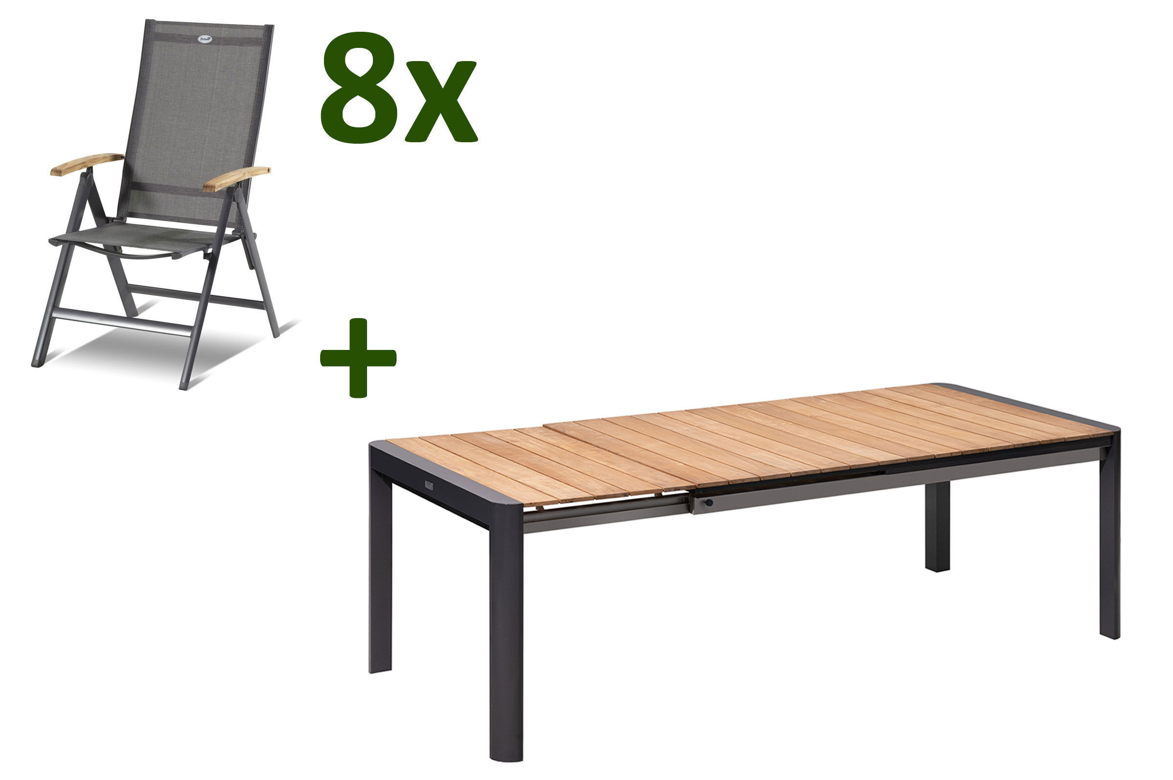 HARTMAN Aruba Esstischgarnitur, xerix/anthrazit, Alu/Teak/Textil, 180/235×100 cm, 8 Multipositionssessel, FSC-Teak, ausziehbar