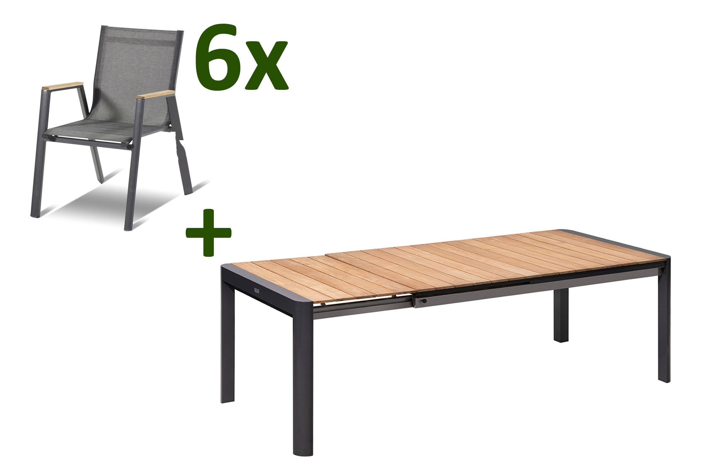 HARTMAN Aruba Esstischgarnitur, xerix/anthrazit, Alu/Teak/Textil, 180/235×100 cm, 6 Stapelsessel, FSC-Teak, ausziehbar