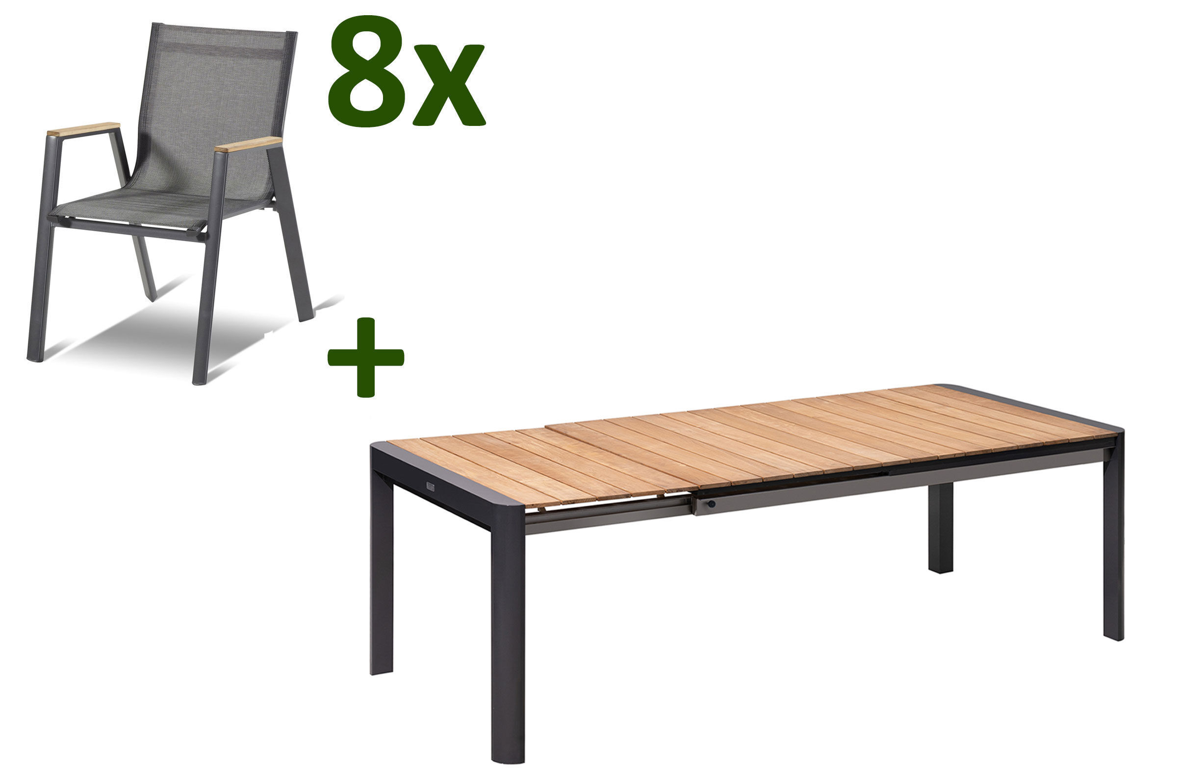 HARTMAN Aruba Esstischgarnitur, xerix/anthrazit, Alu/Teak/Textil, 180/235×100 cm, 8 Stapelsessel, FSC-Teak, ausziehbar