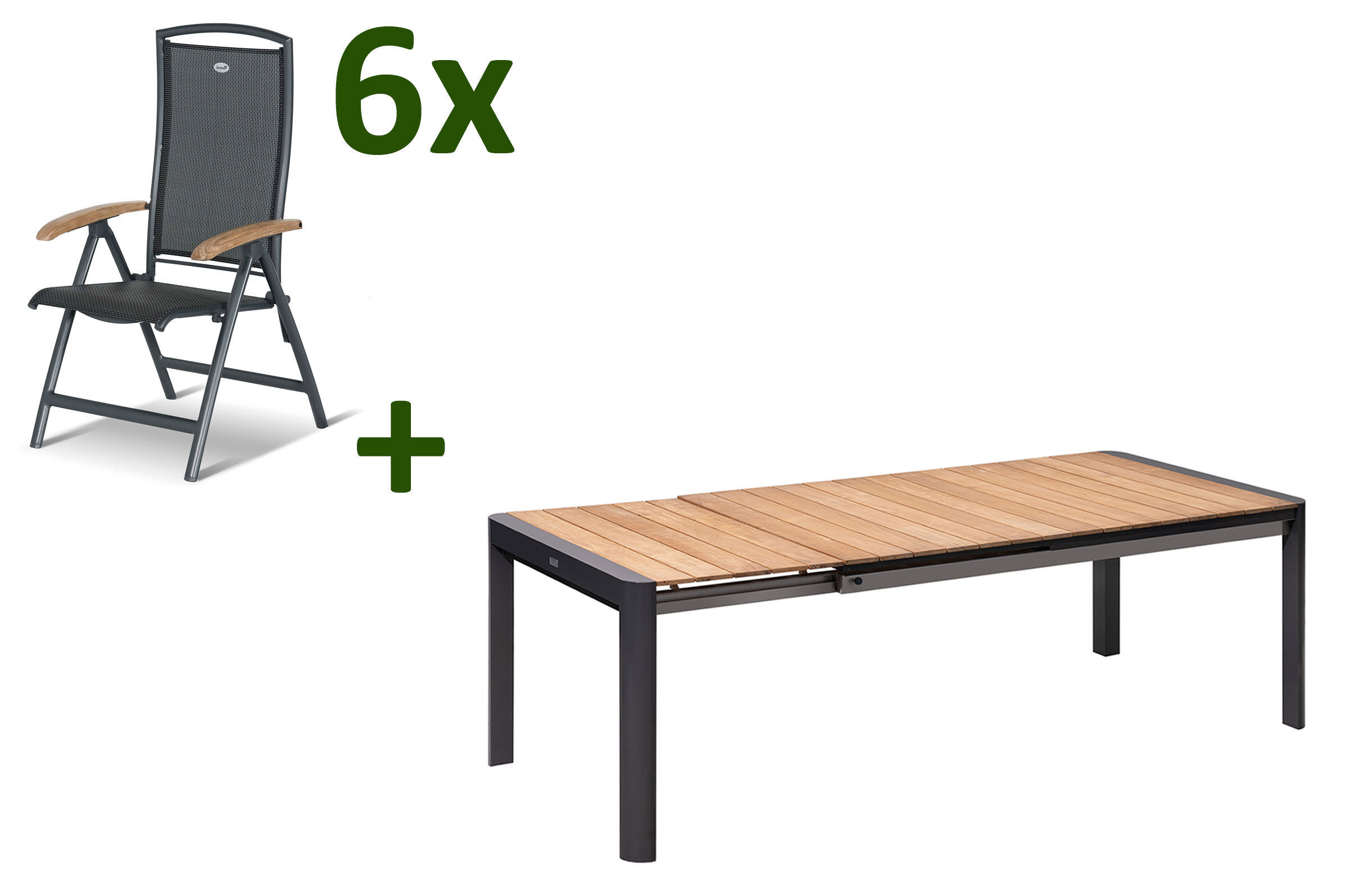 HARTMAN Raffaelo Esstischgarnitur, xerix/anthrazit, Alu/Teak/Textil, 180/235×100 cm, 6 Multipositionssessel, FSC-Teak, ausziehbar