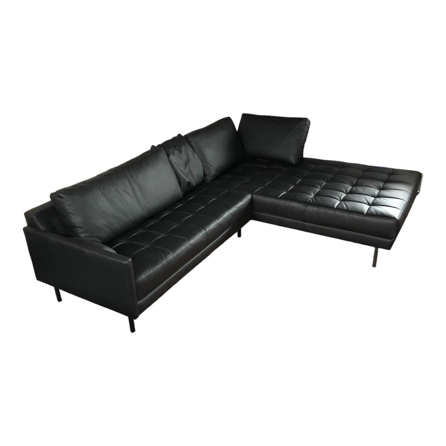 Ecksofa Lund 5 Leder Schwarz Füße Metall Schwarz