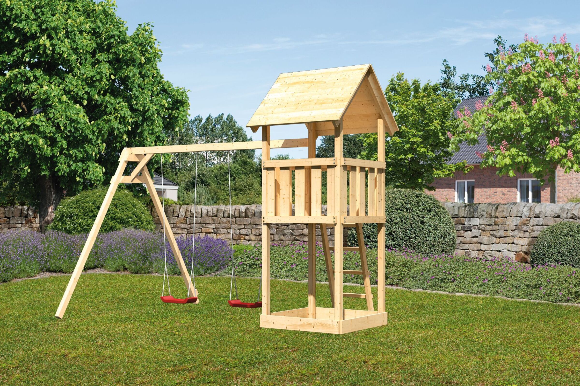 KARIBU Lotti Spielturm, naturbelassen, nordische Fichte, 107x107x291cm, mit Doppelschaukel